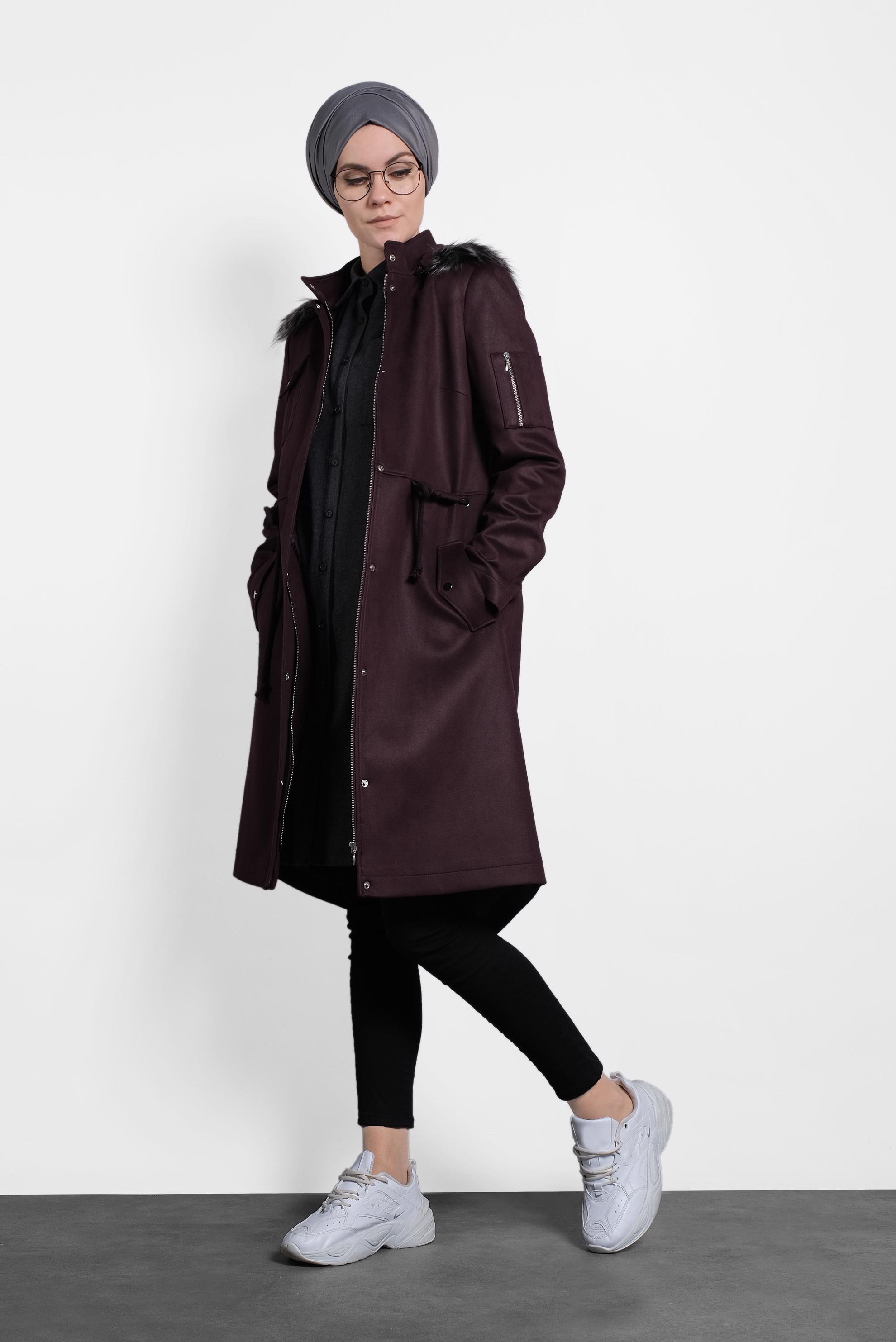 Tesettür giyim MÜRDÜM KÜRKLÜ KAPÜŞONLU BELİ BAĞCIKLI KABAN 90028 