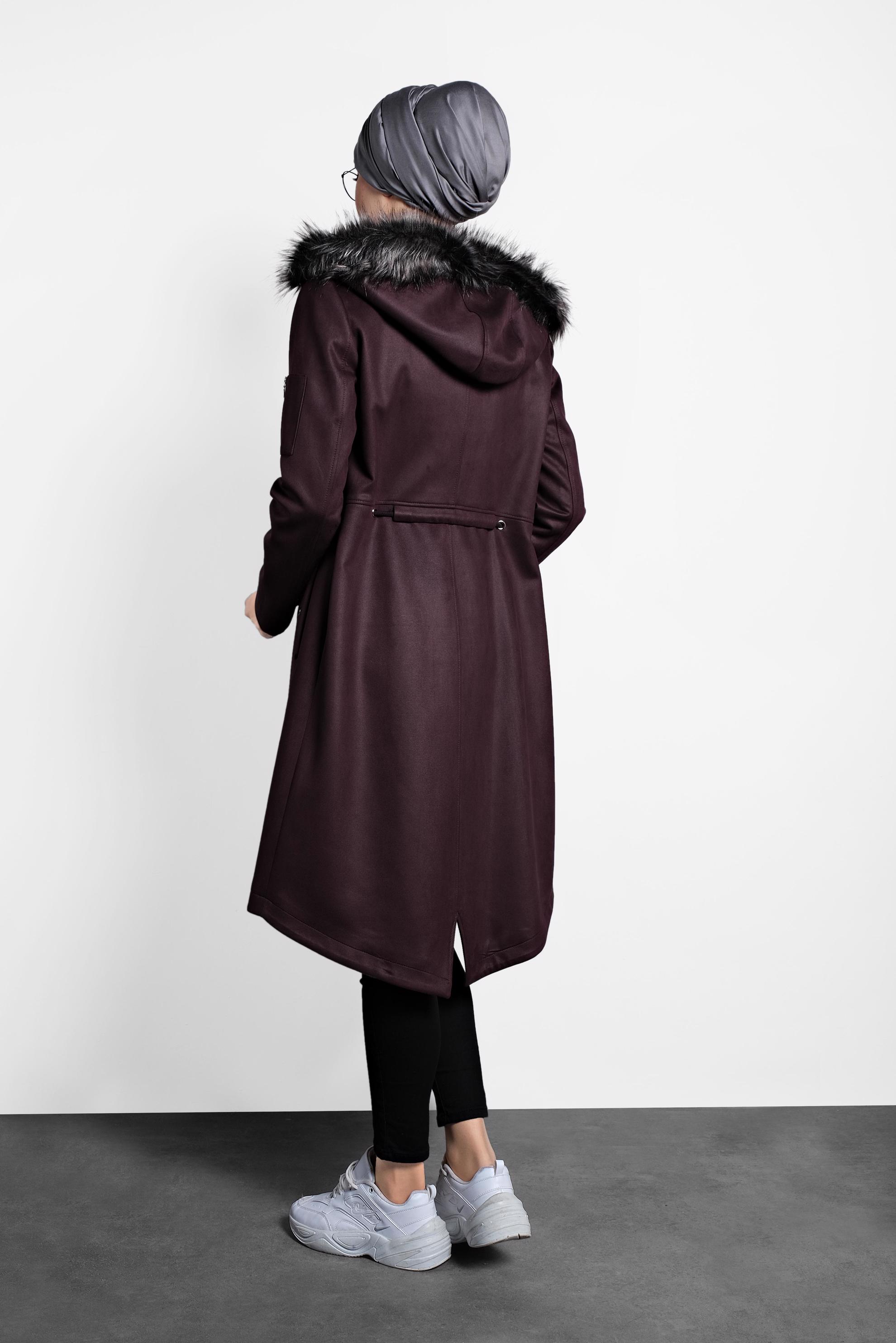 Tesettür giyim MÜRDÜM KÜRKLÜ KAPÜŞONLU BELİ BAĞCIKLI KABAN 90028 