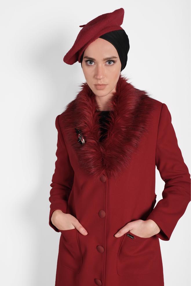 Tesettür giyim  KUŞAKLI YAKASI SUNİ KÜRK DETAYLI KAŞE KABAN 90031 - ALVİNA