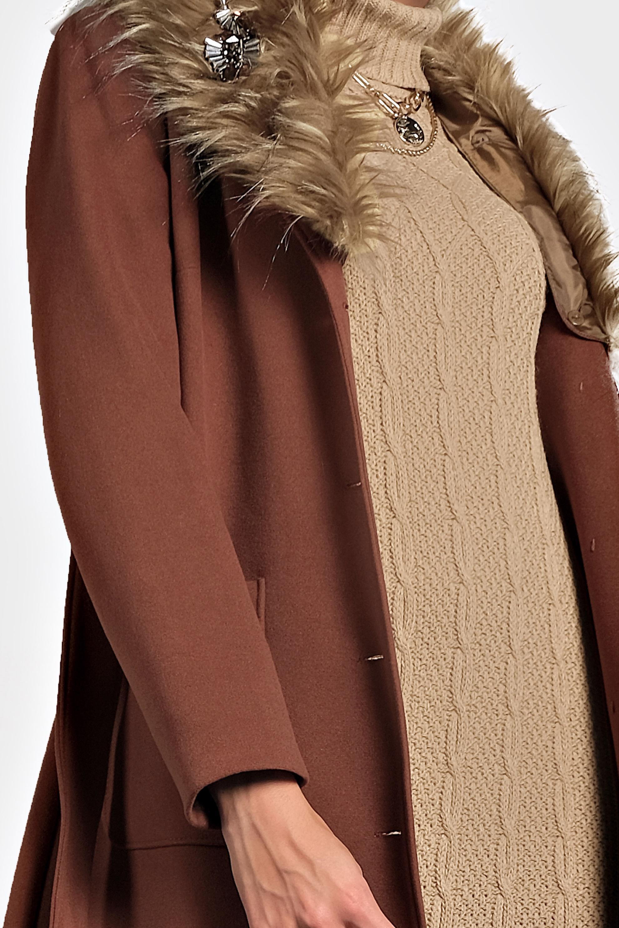 Tesettür giyim TURUNCU KUŞAKLI YAKASI SUNİ KÜRK DETAYLI KAŞE KABAN 90031