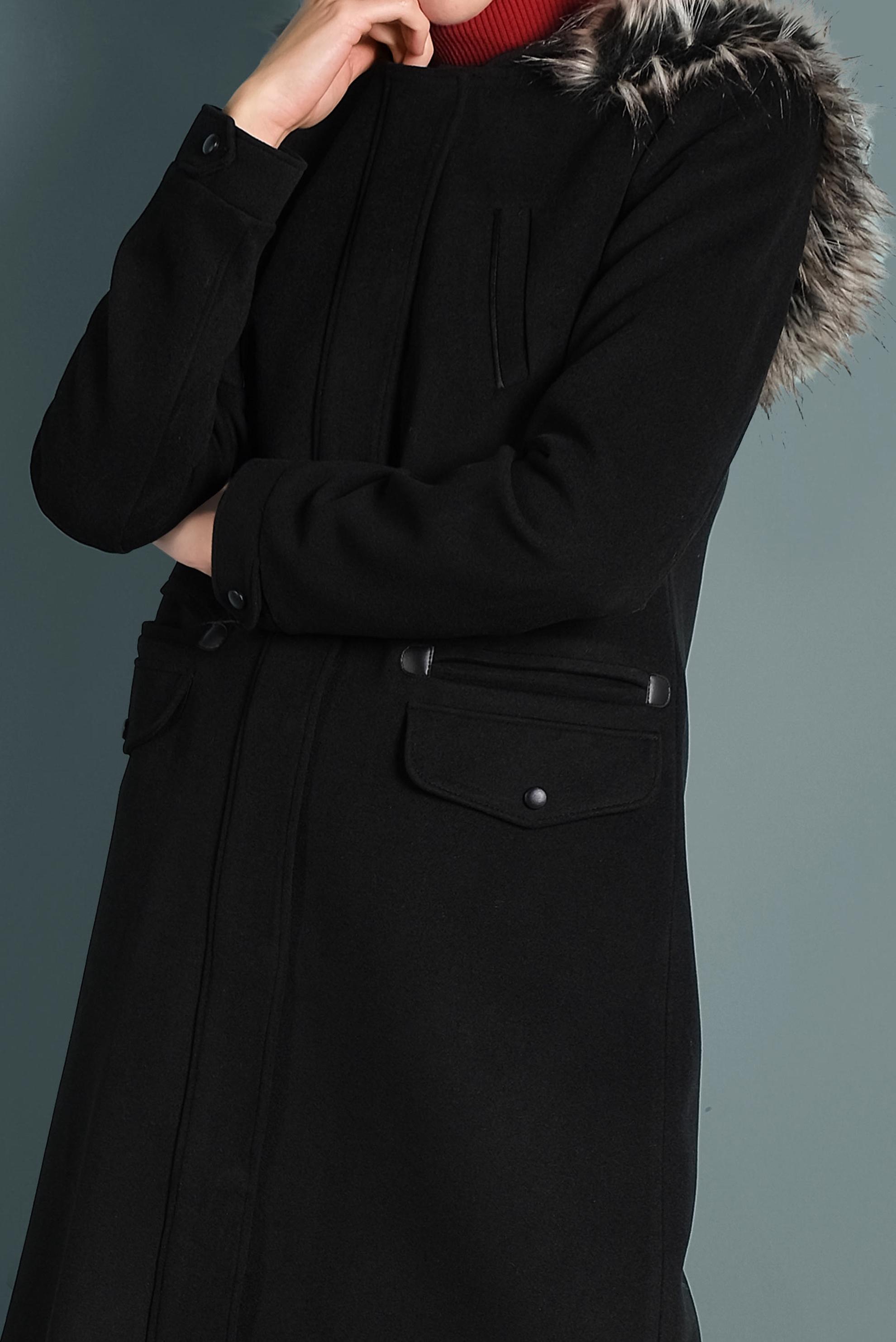 Tesettür giyim SİYAH KAPÜŞONU KÜRKLÜ CEPLİ KABAN 90033