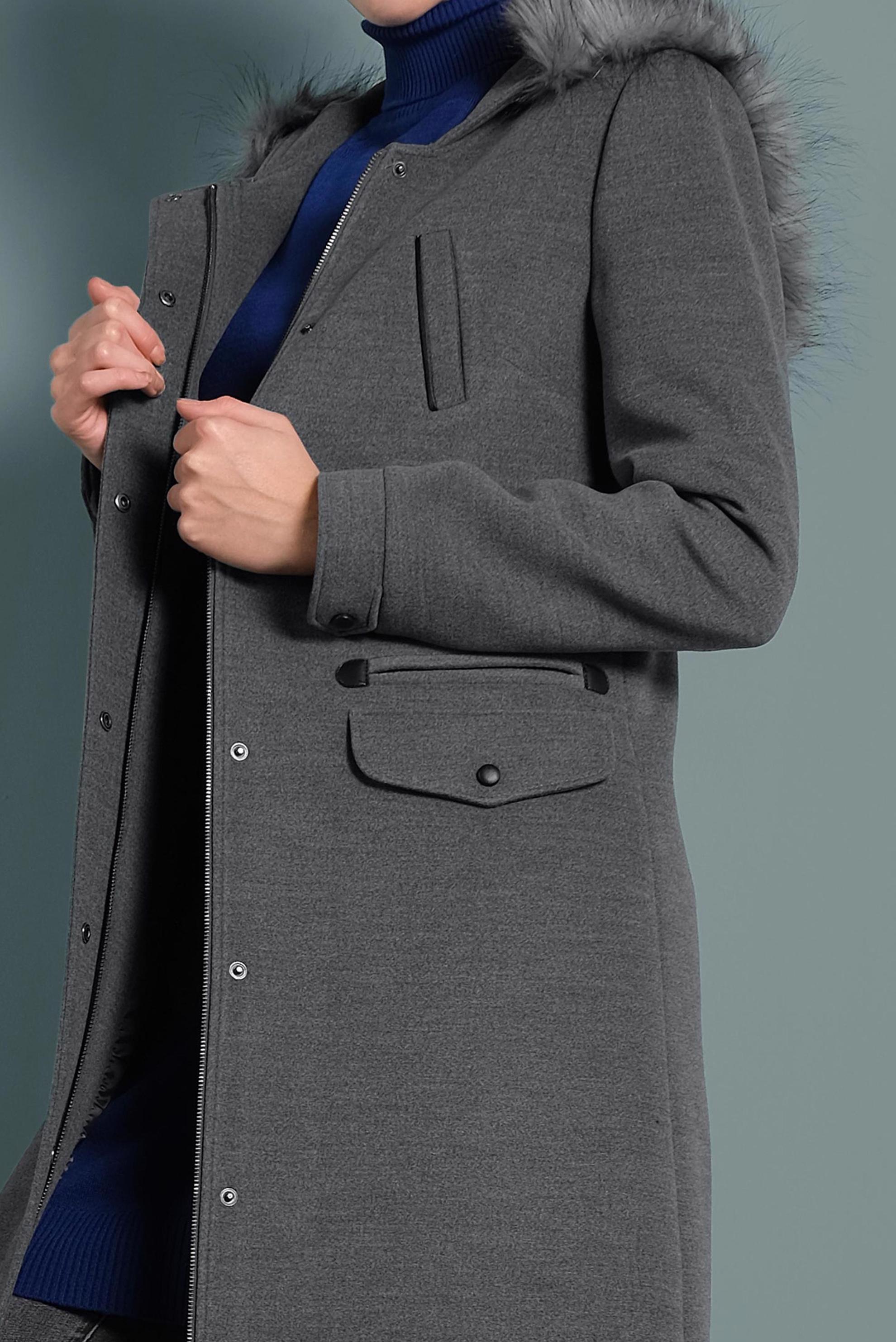 Tesettür giyim GRİ KAPÜŞONU KÜRKLÜ CEPLİ KABAN 90033