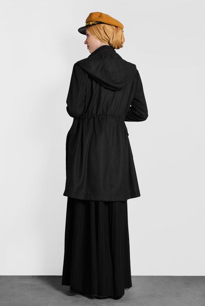 Tesettür giyim SİYAH KAPÜŞONLU KABAN 90034  - ALVİNA