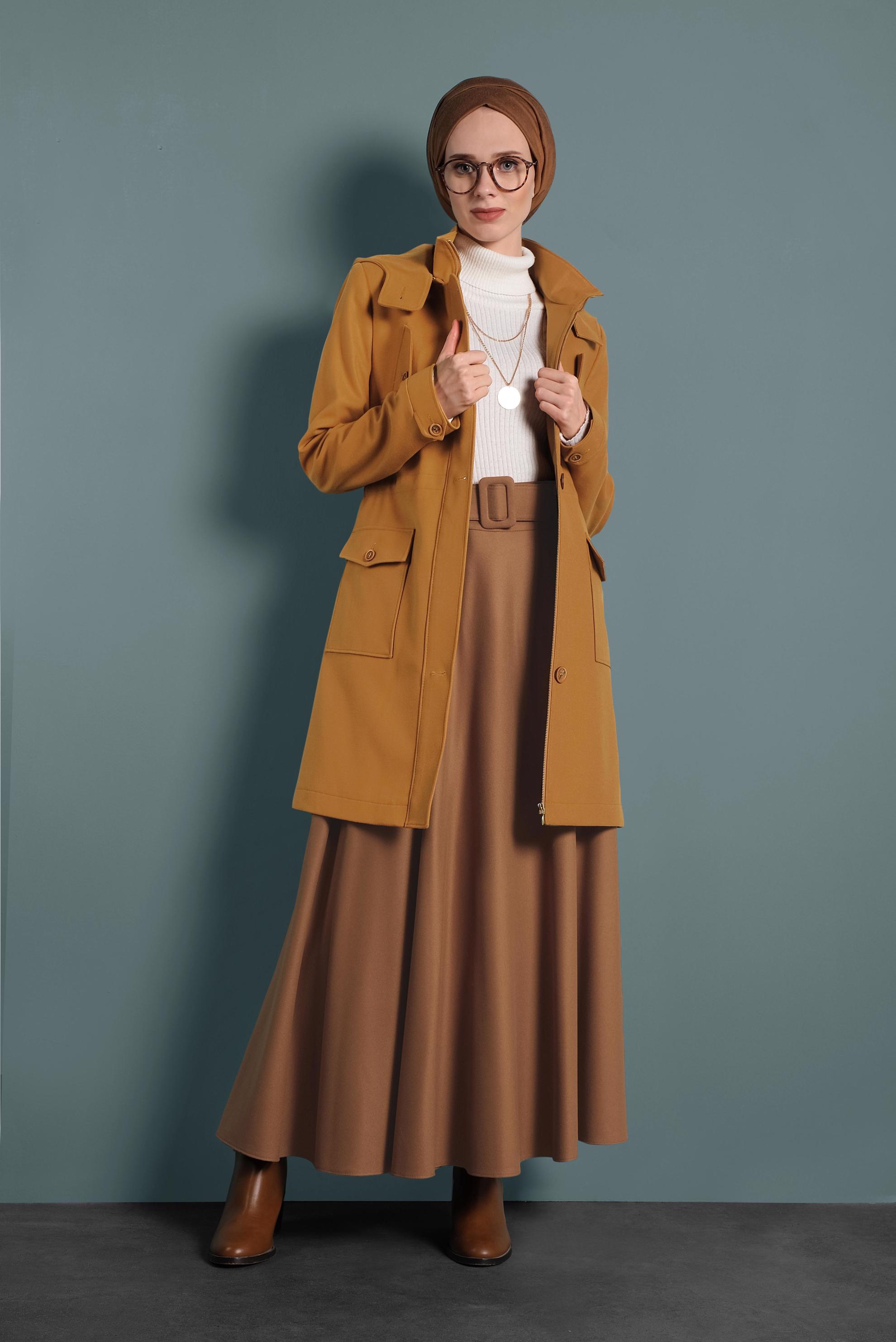 Tesettür giyim SARI KAPÜŞONLU KABAN 90034 