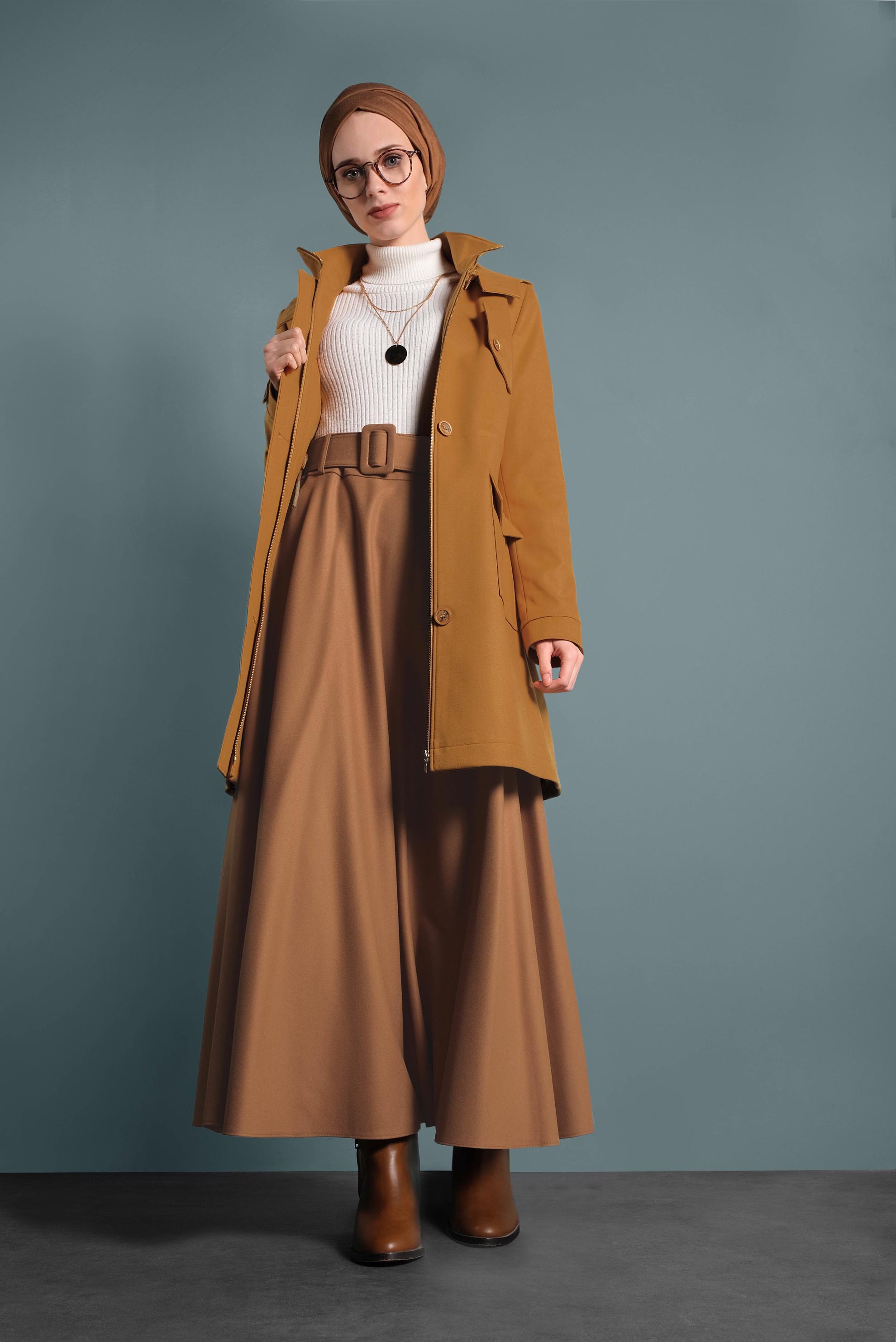 Tesettür giyim SARI KAPÜŞONLU KABAN 90034 