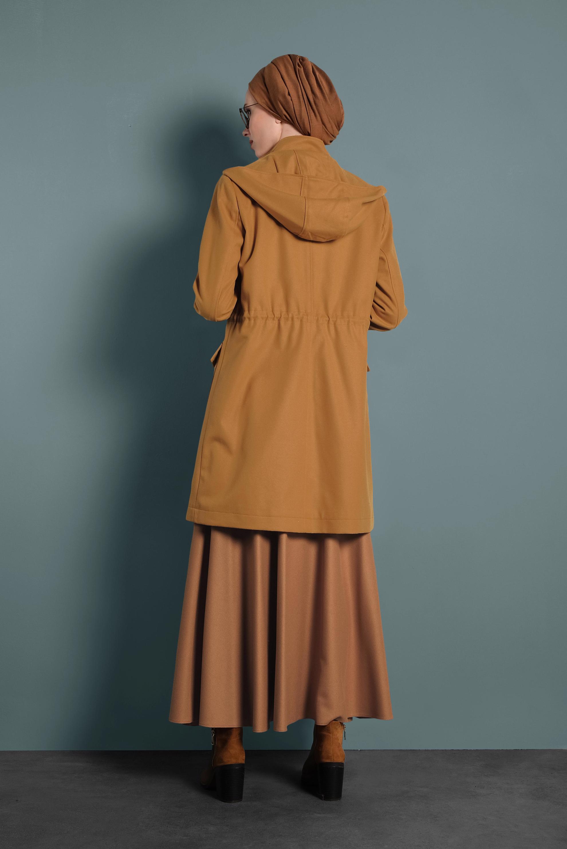 Tesettür giyim SARI KAPÜŞONLU KABAN 90034 