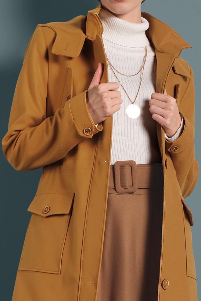 Tesettür giyim SARI KAPÜŞONLU KABAN 90034  - ALVİNA