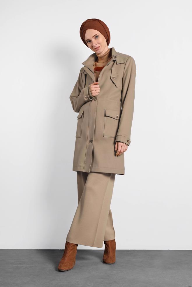 Tesettür giyim BEJ KAPÜŞONLU KABAN 90034  - ALVİNA