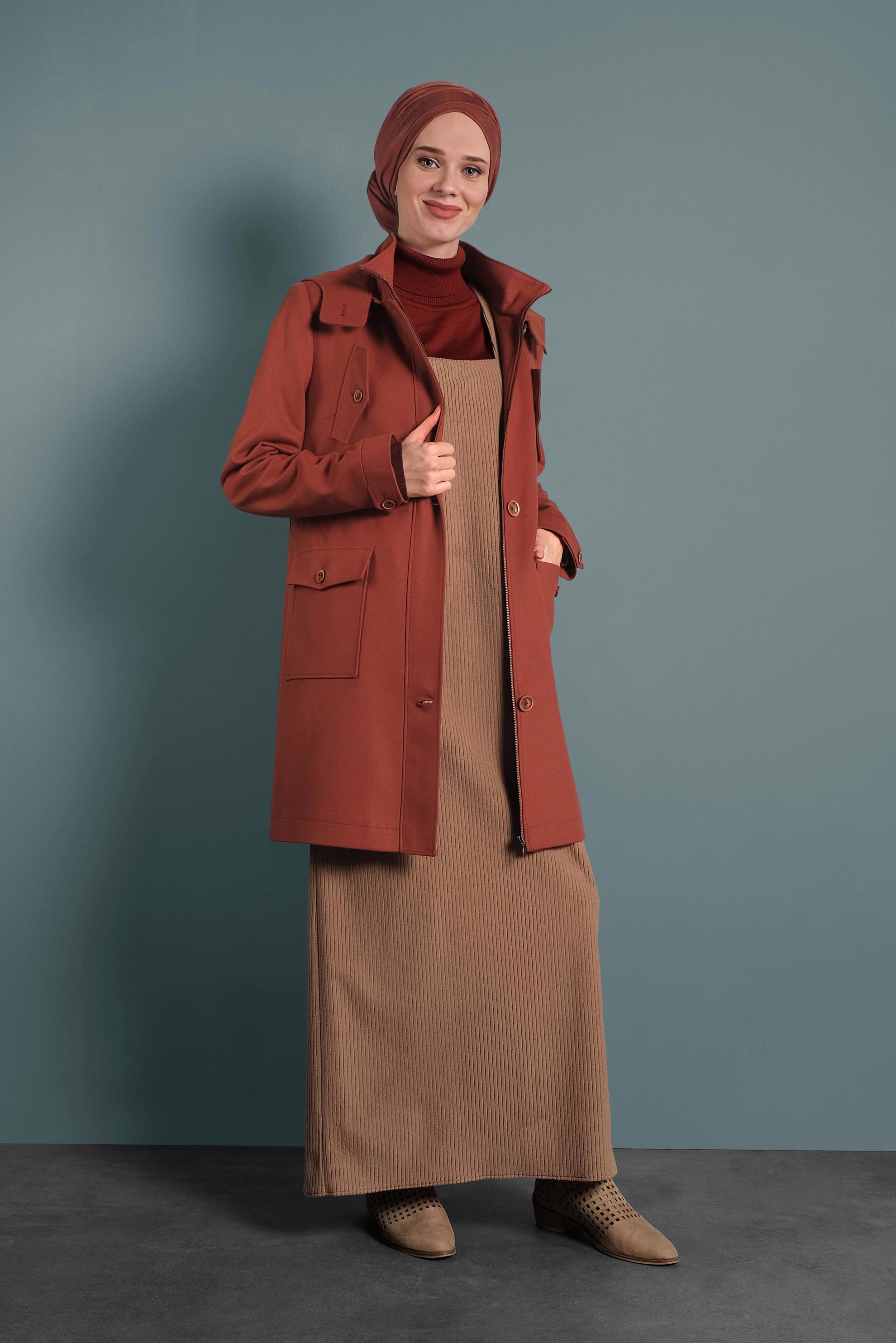 Tesettür giyim TURUNCU KAPÜŞONLU KABAN 90034 