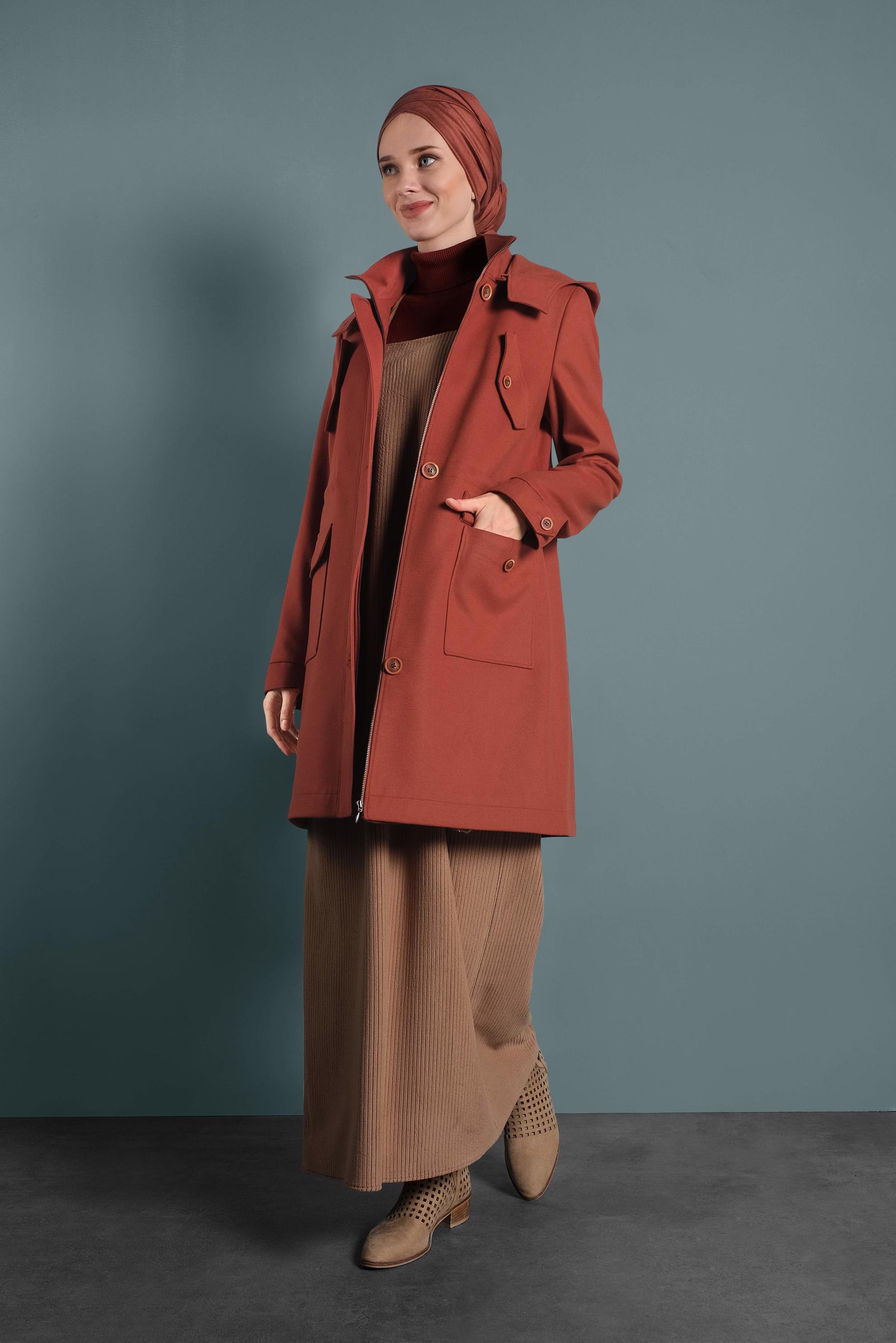 Tesettür giyim TURUNCU KAPÜŞONLU KABAN 90034 