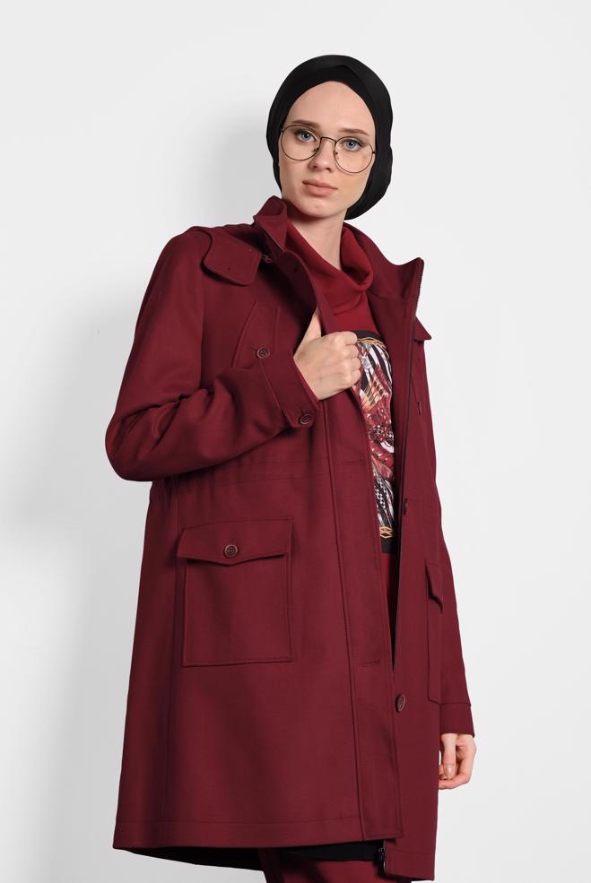 Tesettür giyim BORDO KAPÜŞONLU KABAN 90034  - ALVİNA