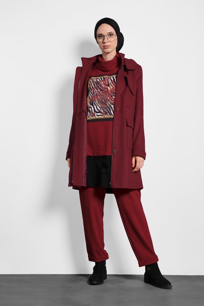 Tesettür giyim BORDO KAPÜŞONLU KABAN 90034  - ALVİNA