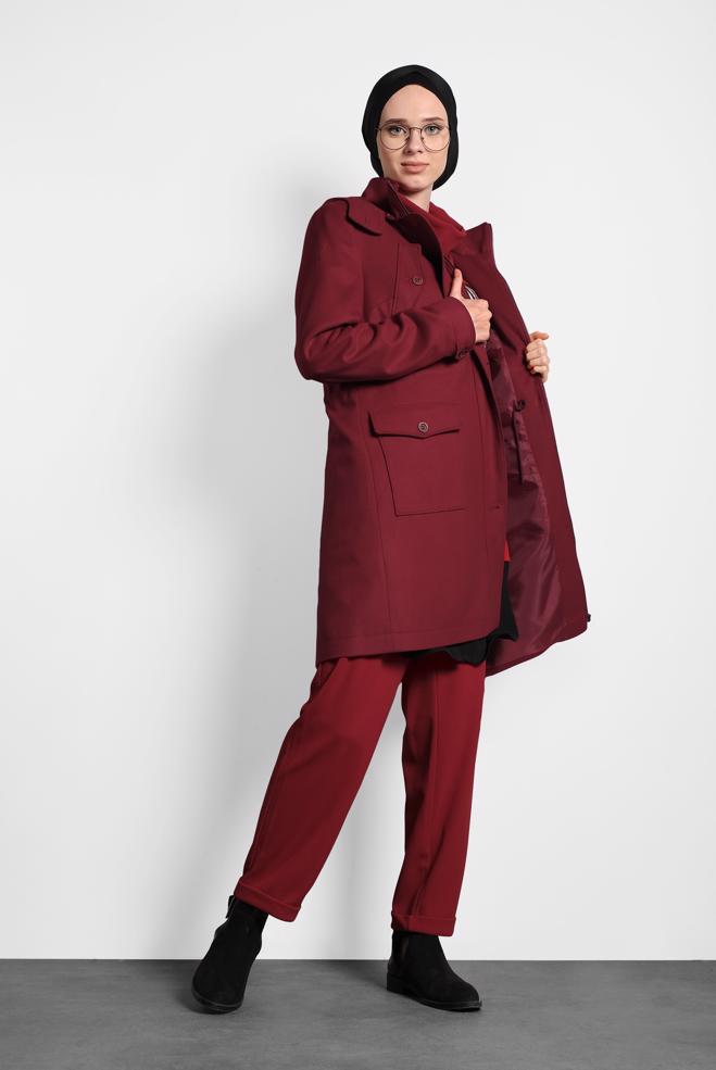 Tesettür giyim BORDO KAPÜŞONLU KABAN 90034  - ALVİNA