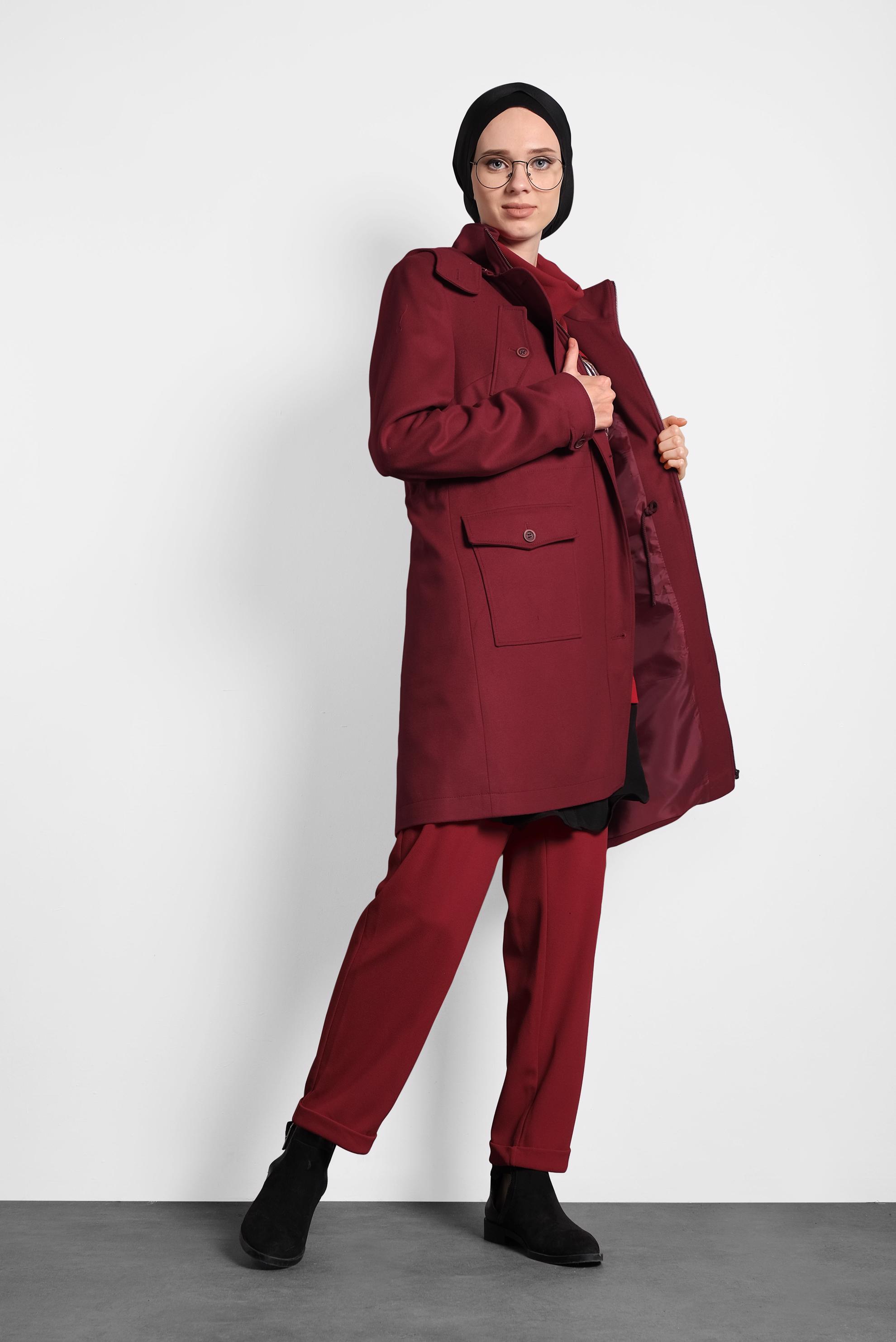 Tesettür giyim BORDO KAPÜŞONLU KABAN 90034 