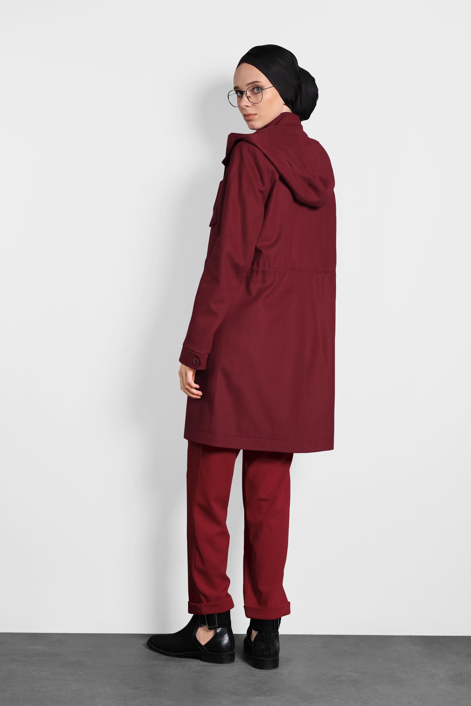 Tesettür giyim BORDO KAPÜŞONLU KABAN 90034 