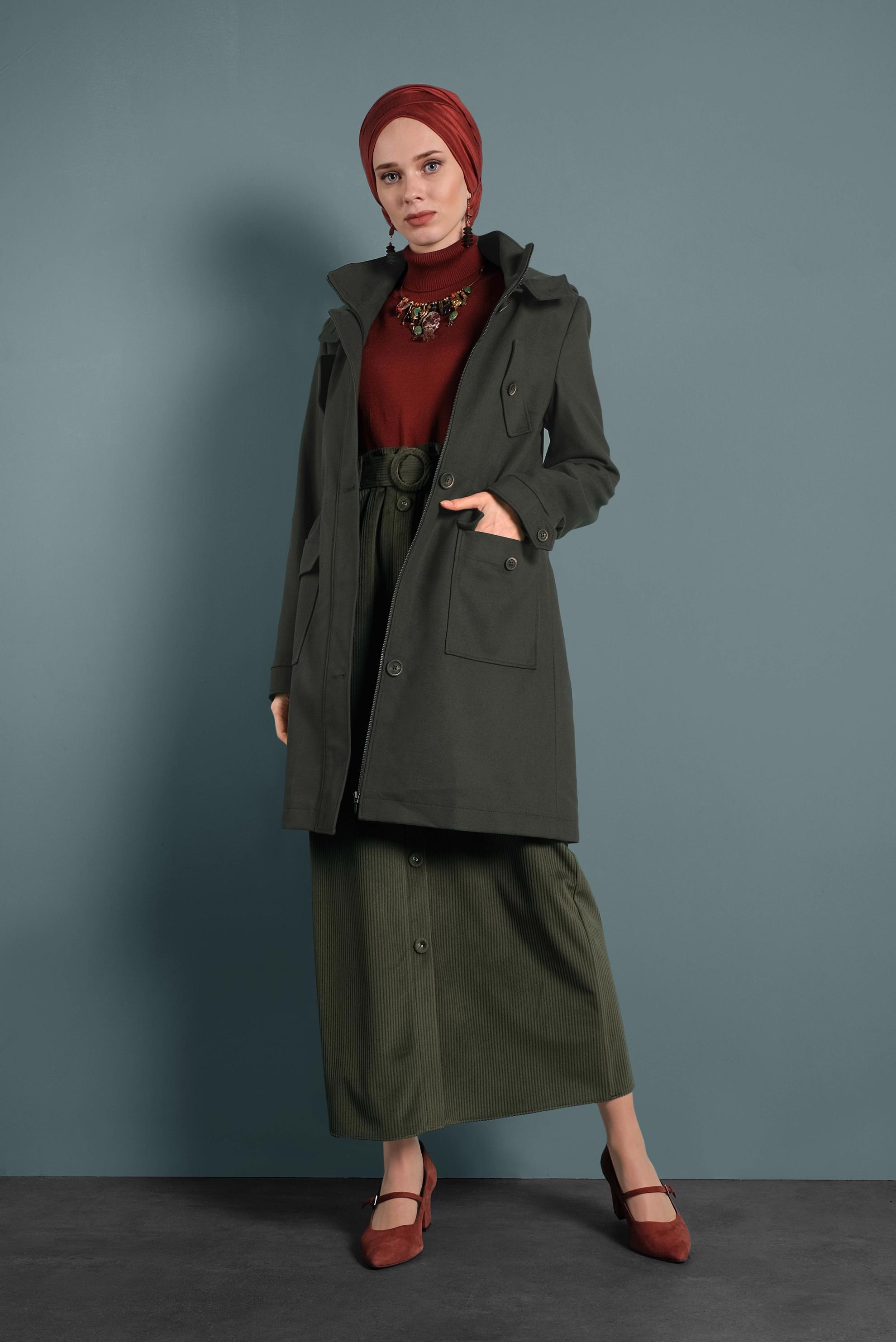 Tesettür giyim HAKİ KAPÜŞONLU KABAN 90034 