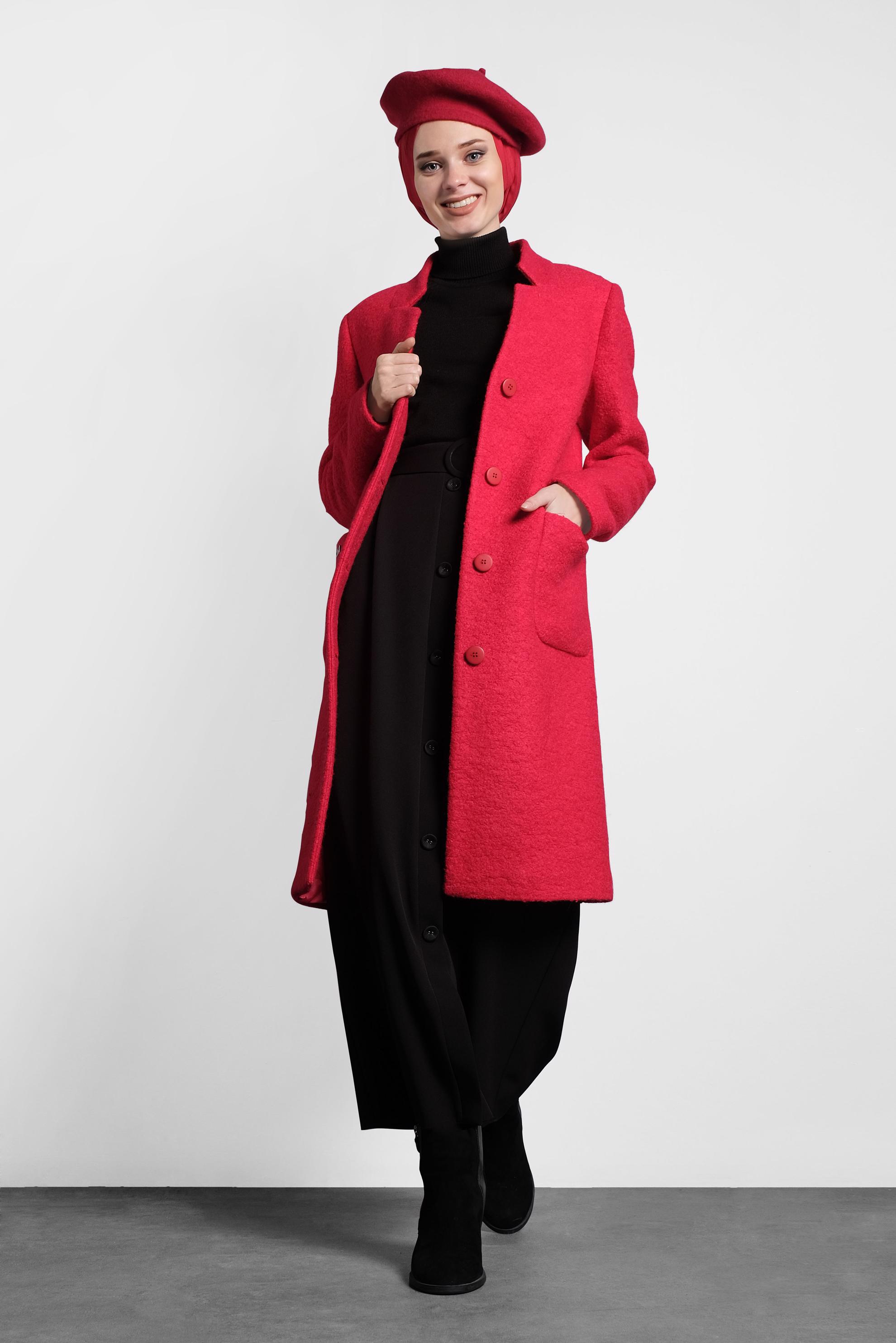 Tesettür giyim KIRMIZI CEP DETAYLI DÜĞMELİ KAŞE KABAN 90035 