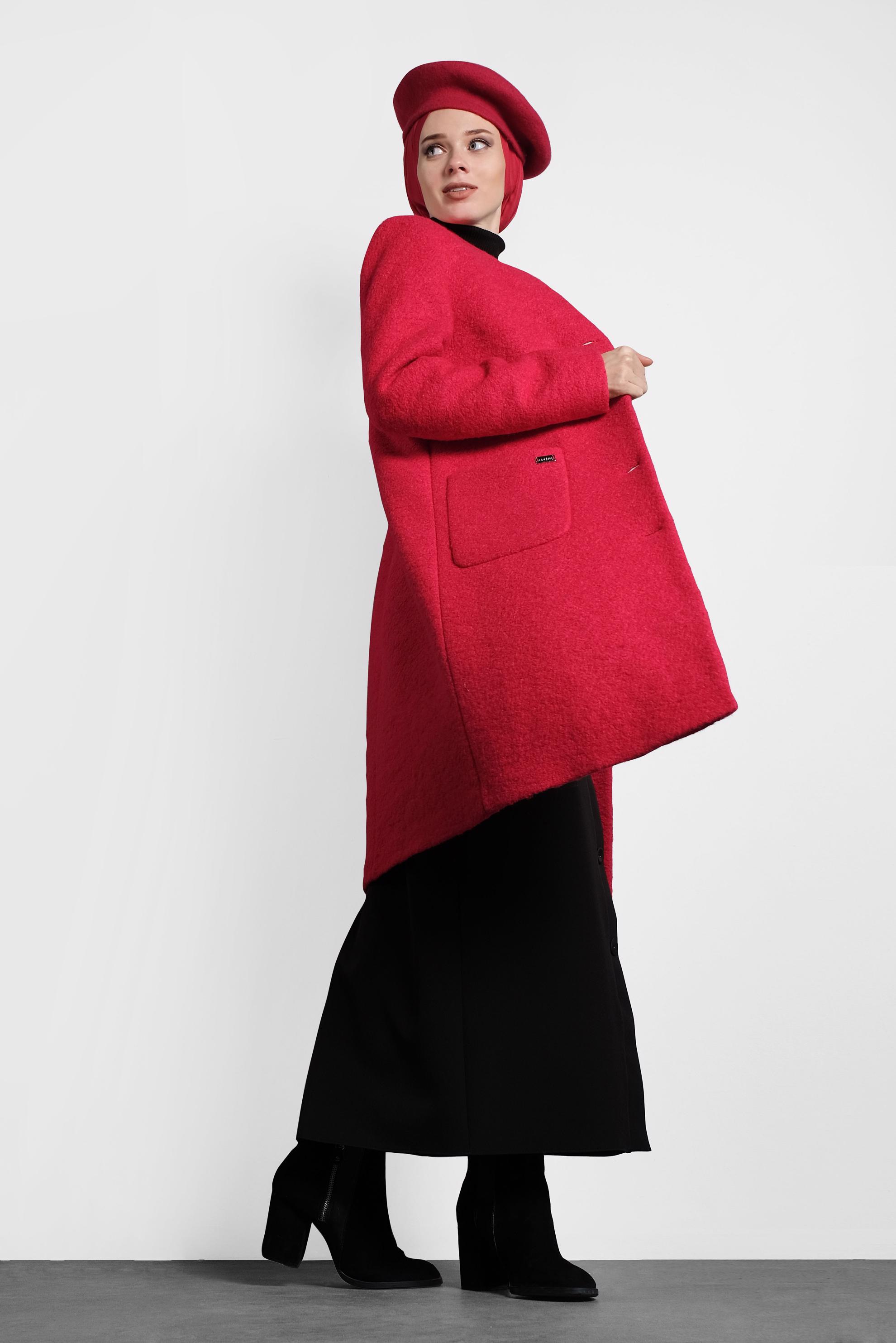 Tesettür giyim KIRMIZI CEP DETAYLI DÜĞMELİ KAŞE KABAN 90035 