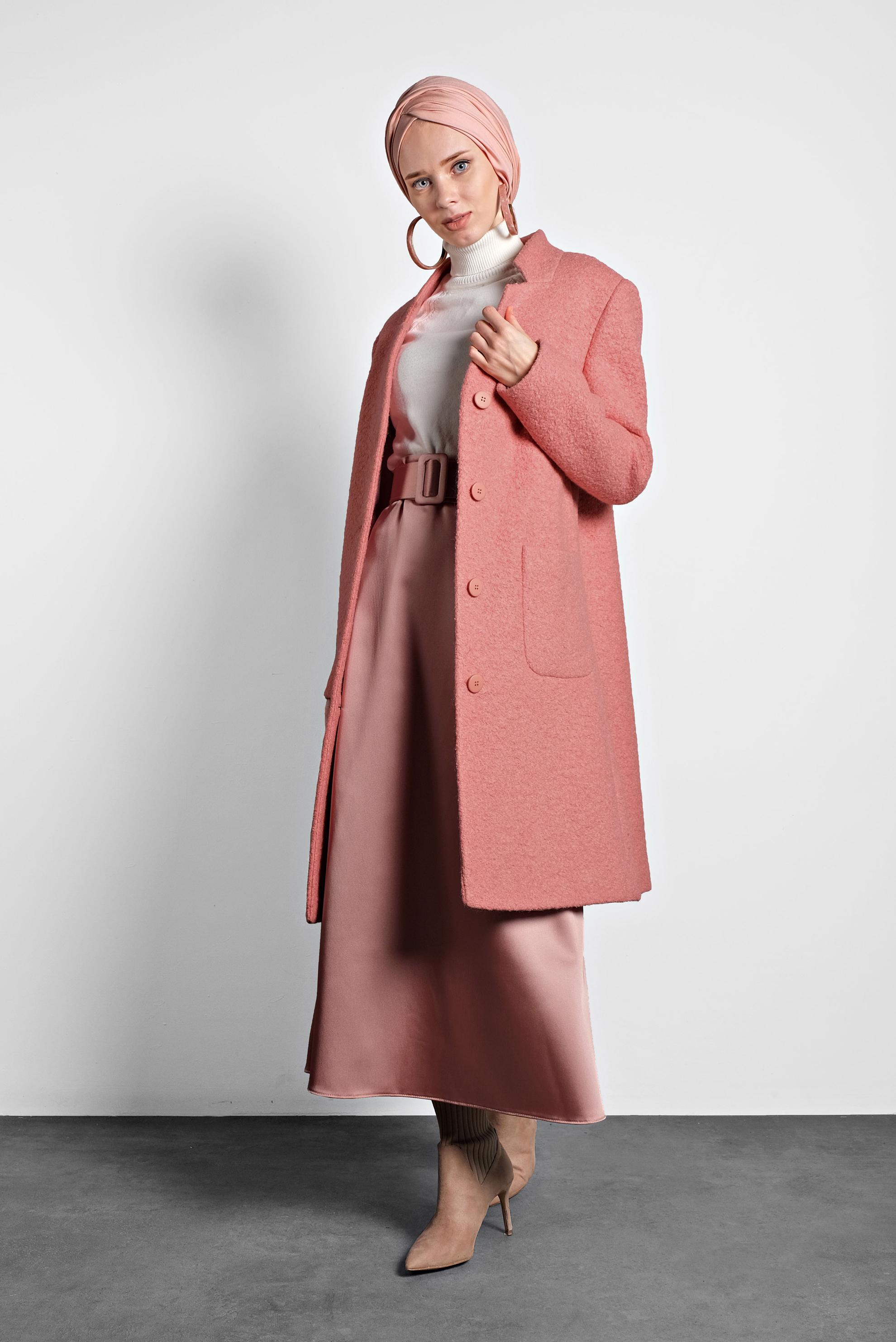 Tesettür giyim PUDRA CEP DETAYLI DÜĞMELİ KAŞE KABAN 90035 