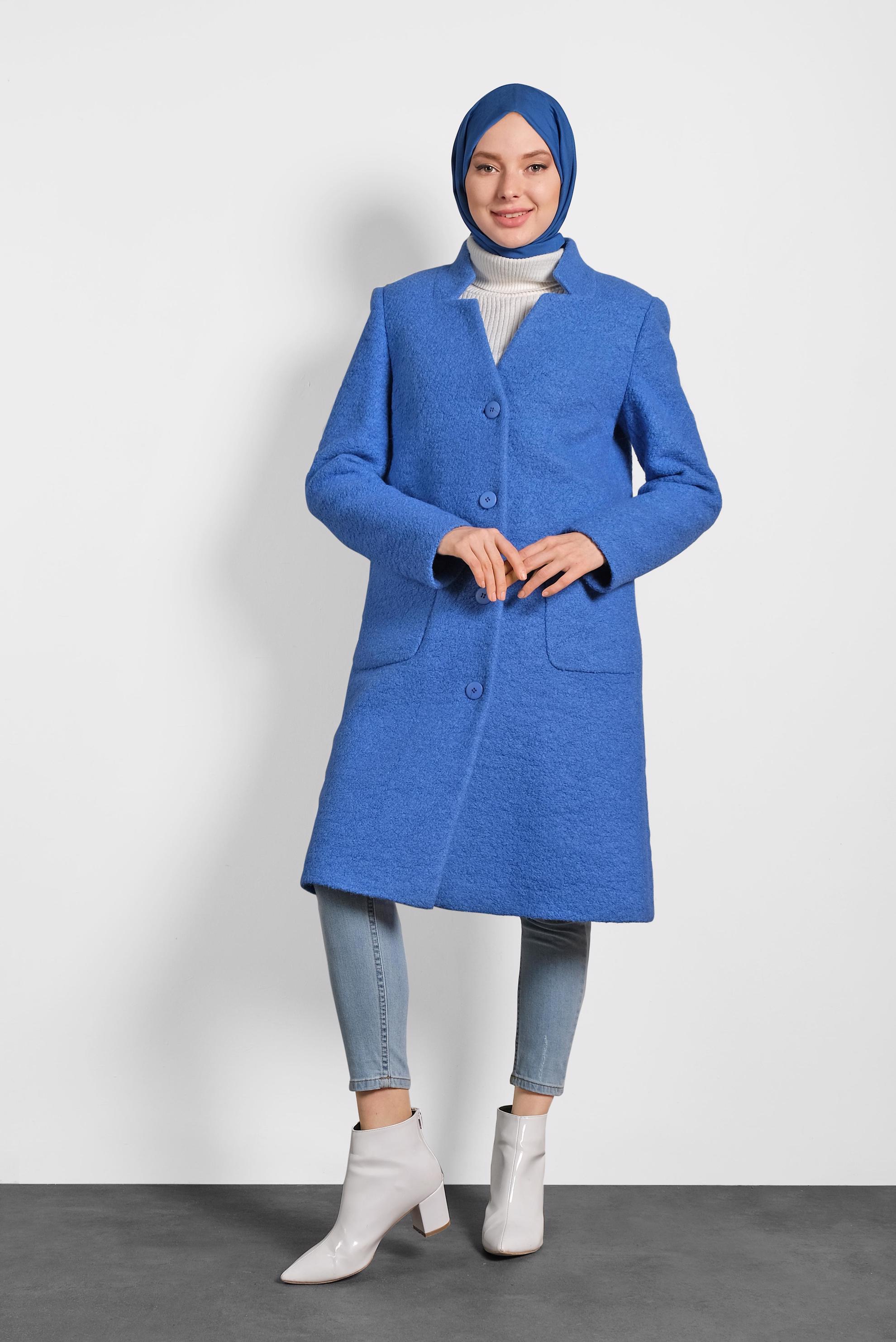 Tesettür giyim LACİVERT CEP DETAYLI DÜĞMELİ KAŞE KABAN 90035 