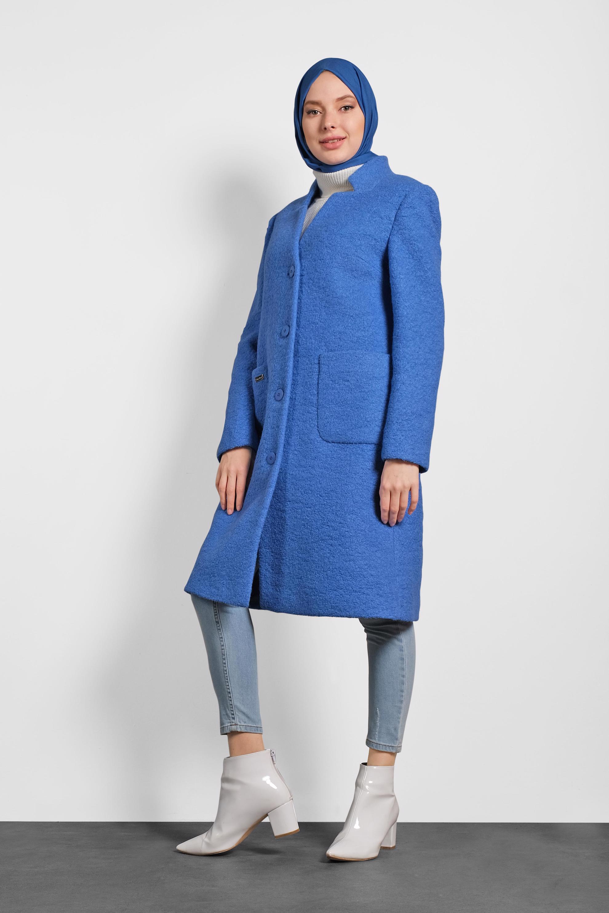 Tesettür giyim LACİVERT CEP DETAYLI DÜĞMELİ KAŞE KABAN 90035 