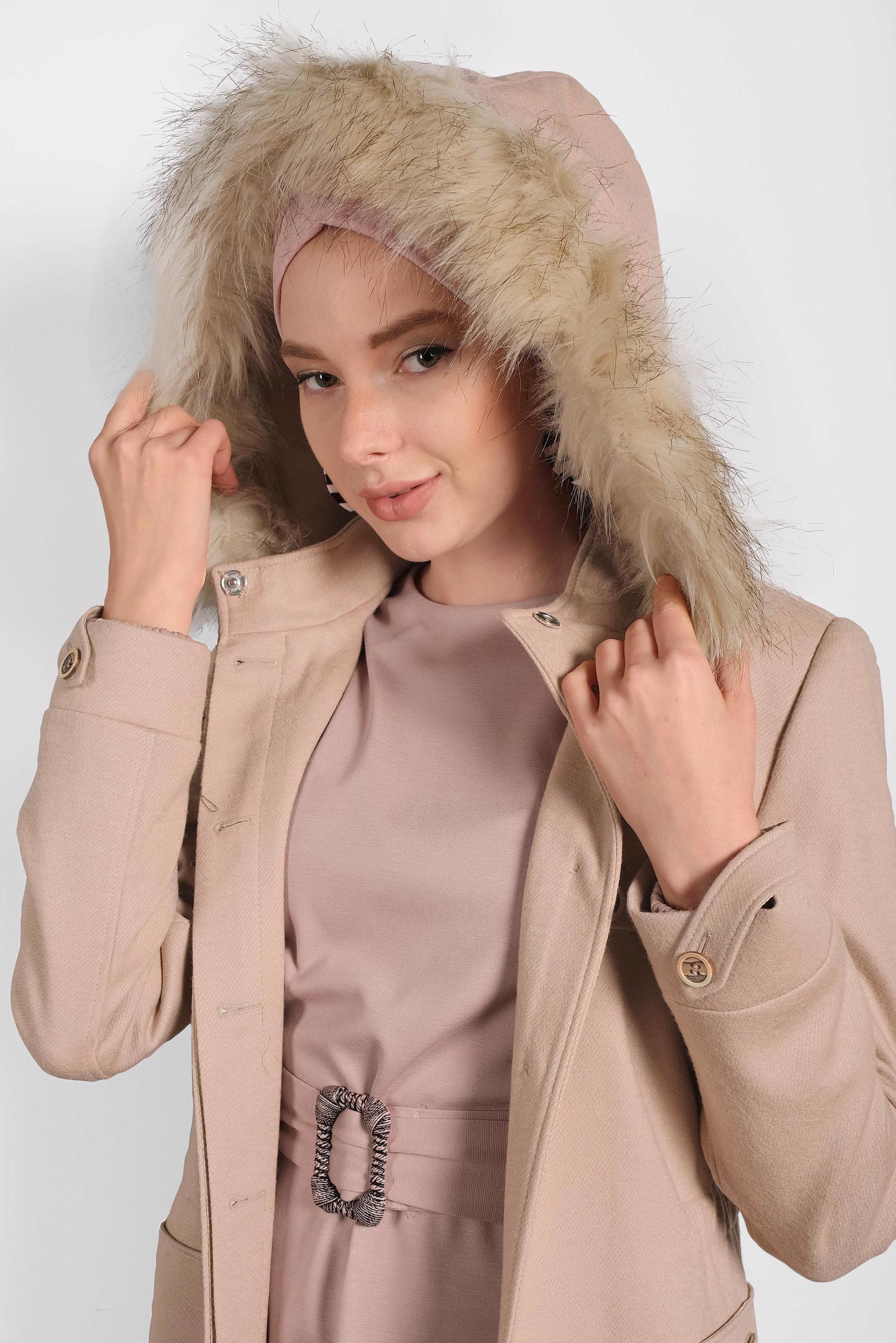 Hijab clothing BEIGE FAUX-FUR-TRIM HOODED COAT 90041
