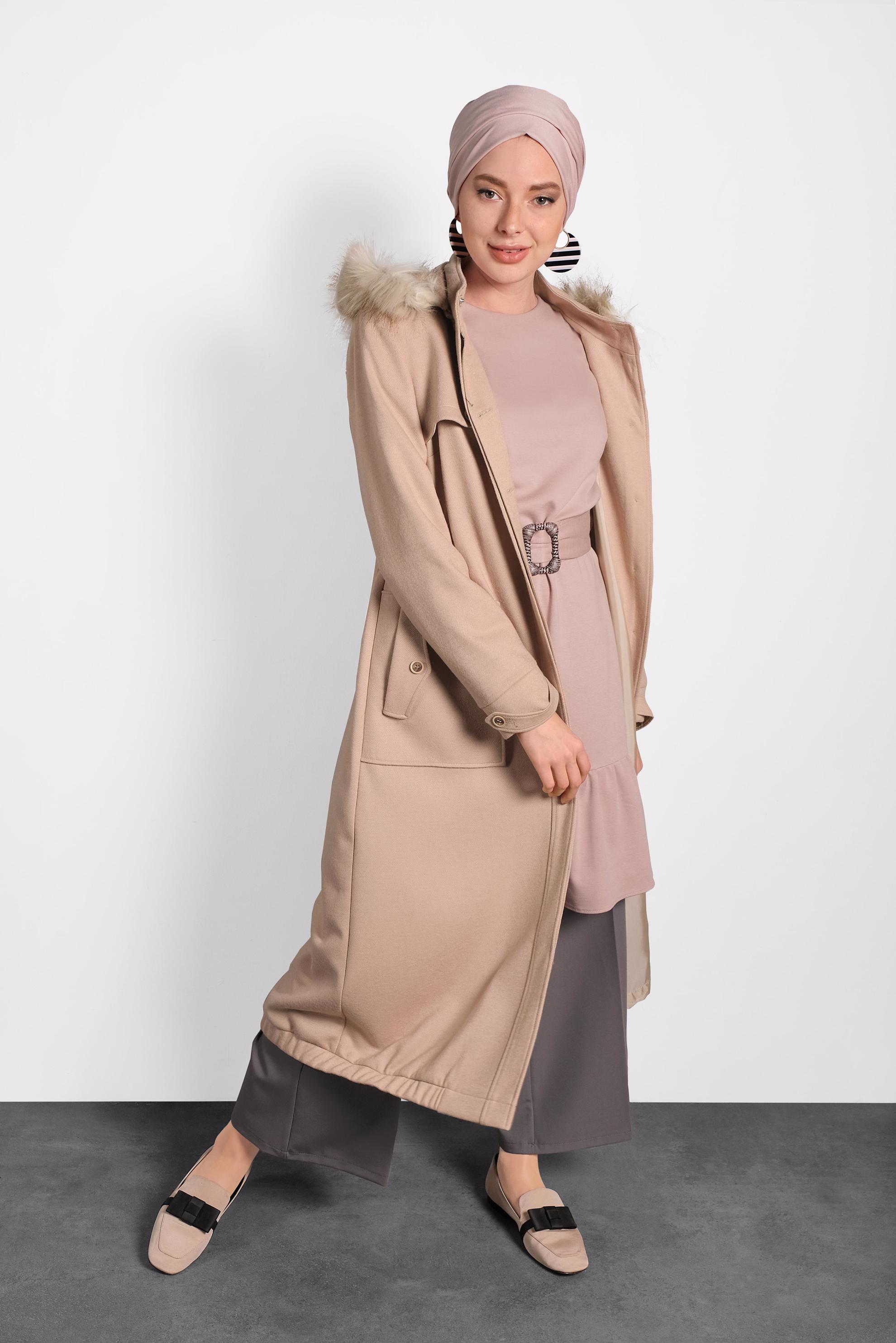 Hijab clothing BEIGE FAUX-FUR-TRIM HOODED COAT 90041