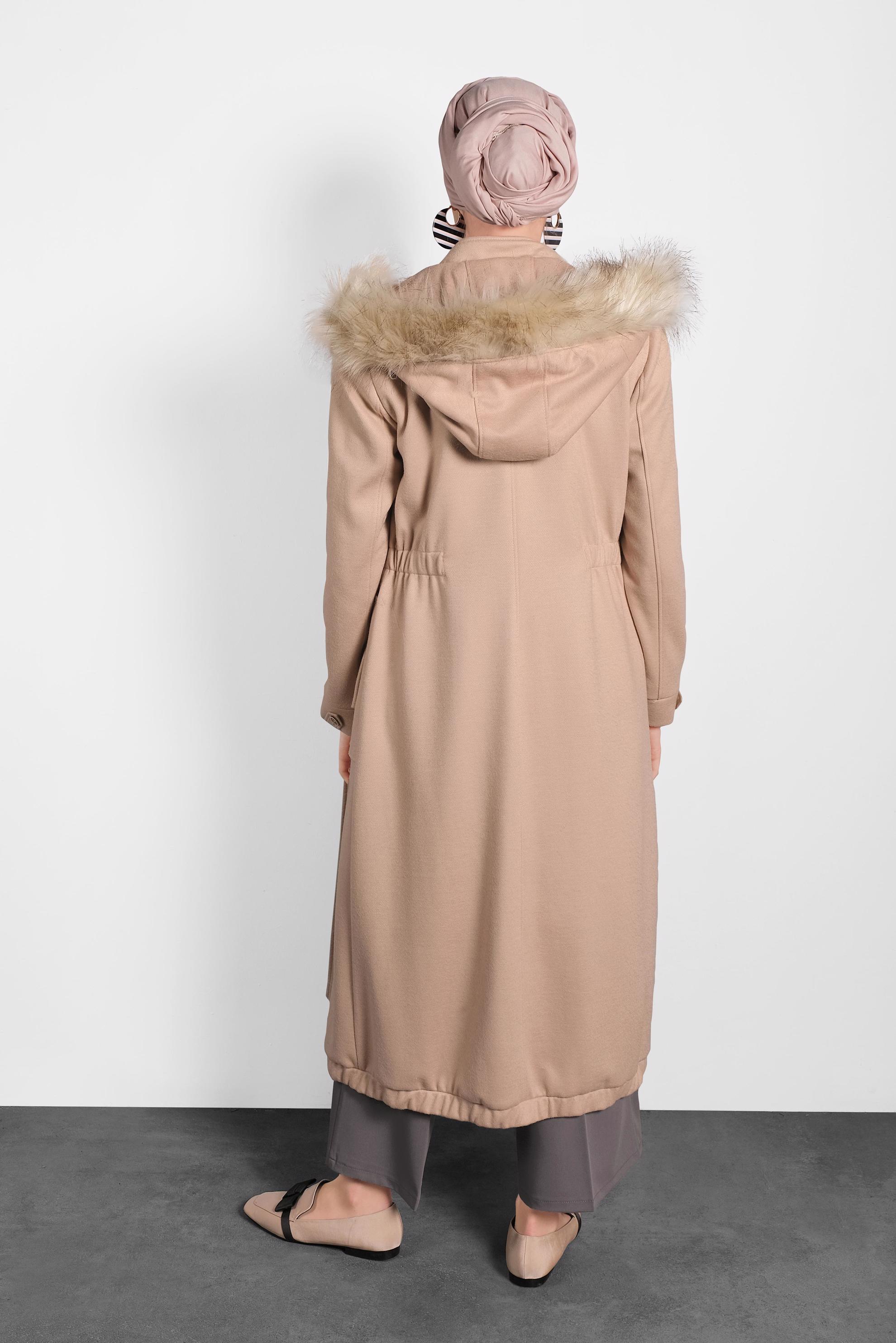 Hijab clothing BEIGE FAUX-FUR-TRIM HOODED COAT 90041