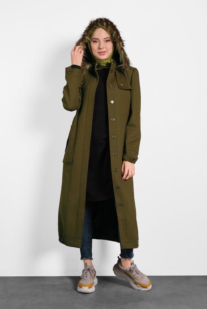 Tesettür giyim HAKİ KAPÜŞONU KÜRKLÜ KABAN 90041 - ALVİNA