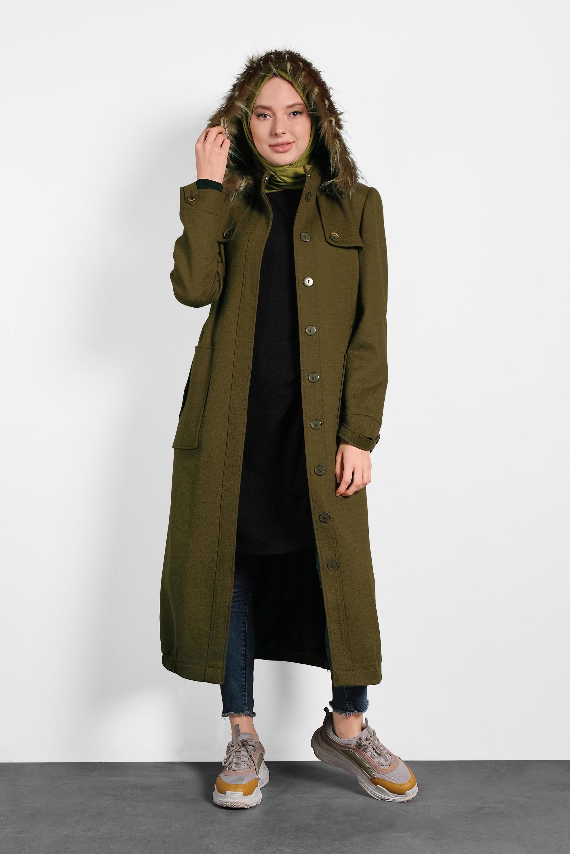 Tesettür giyim HAKİ KAPÜŞONU KÜRKLÜ KABAN 90041