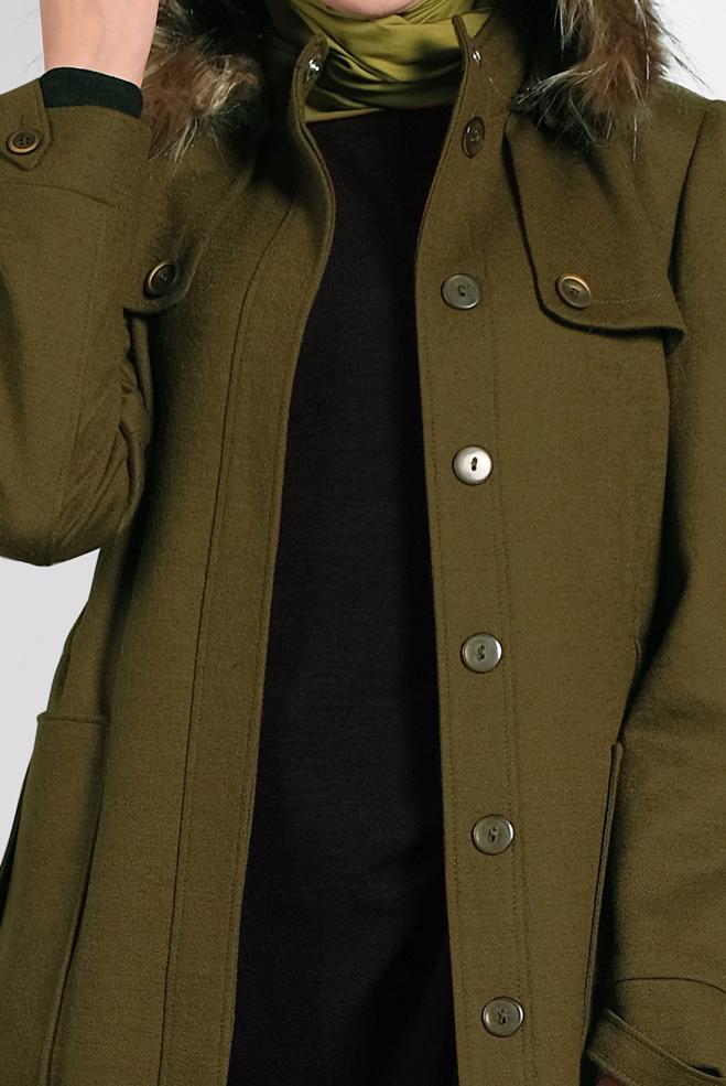 Tesettür giyim HAKİ KAPÜŞONU KÜRKLÜ KABAN 90041 - ALVİNA