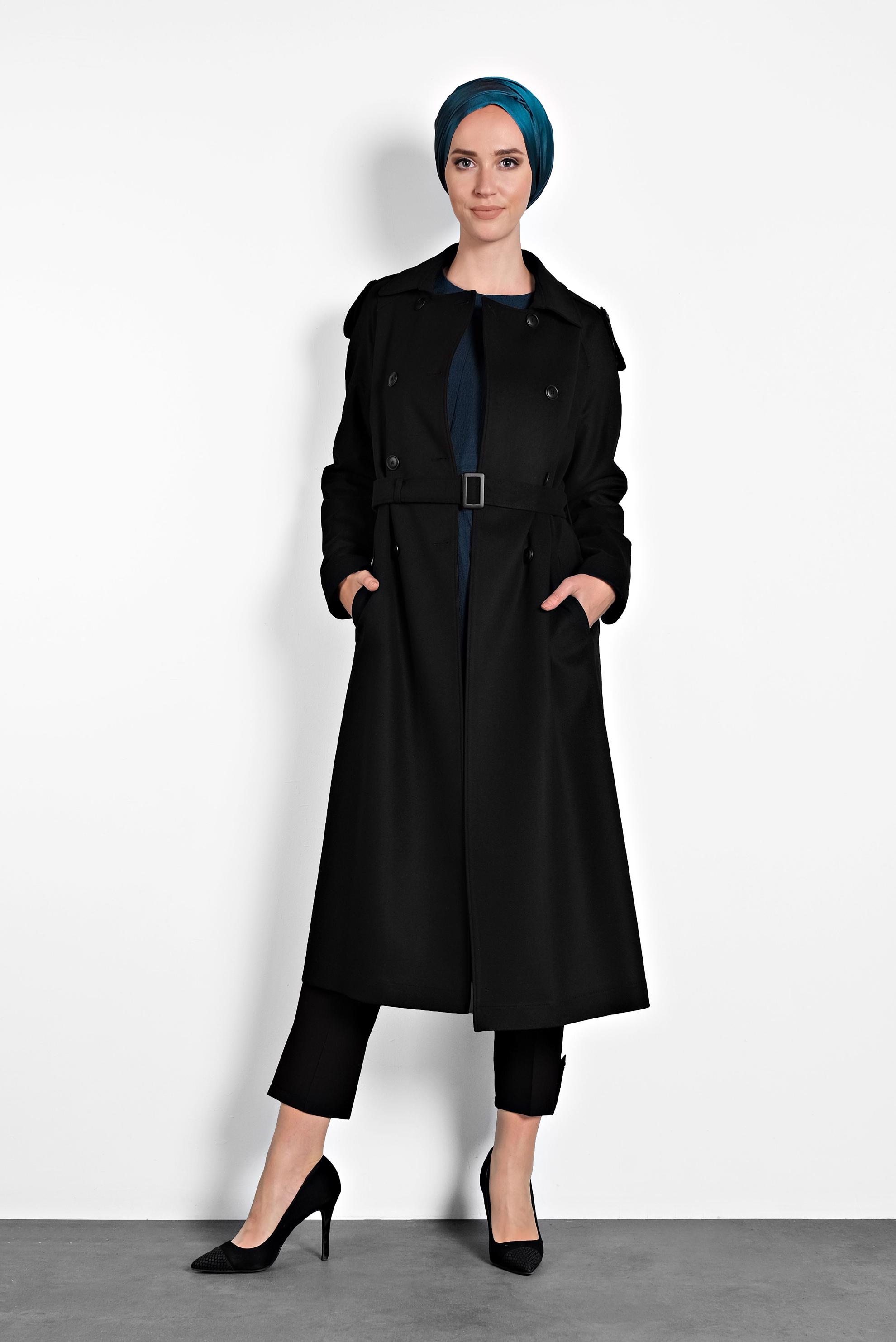 Tesettür giyim SİYAH KEMERLİ KRUVAZE KABAN 90044