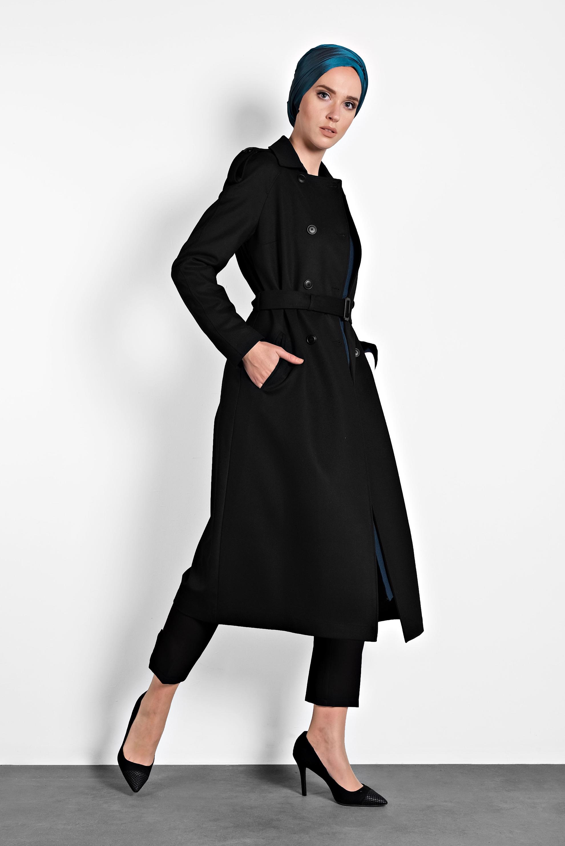 Tesettür giyim SİYAH KEMERLİ KRUVAZE KABAN 90044