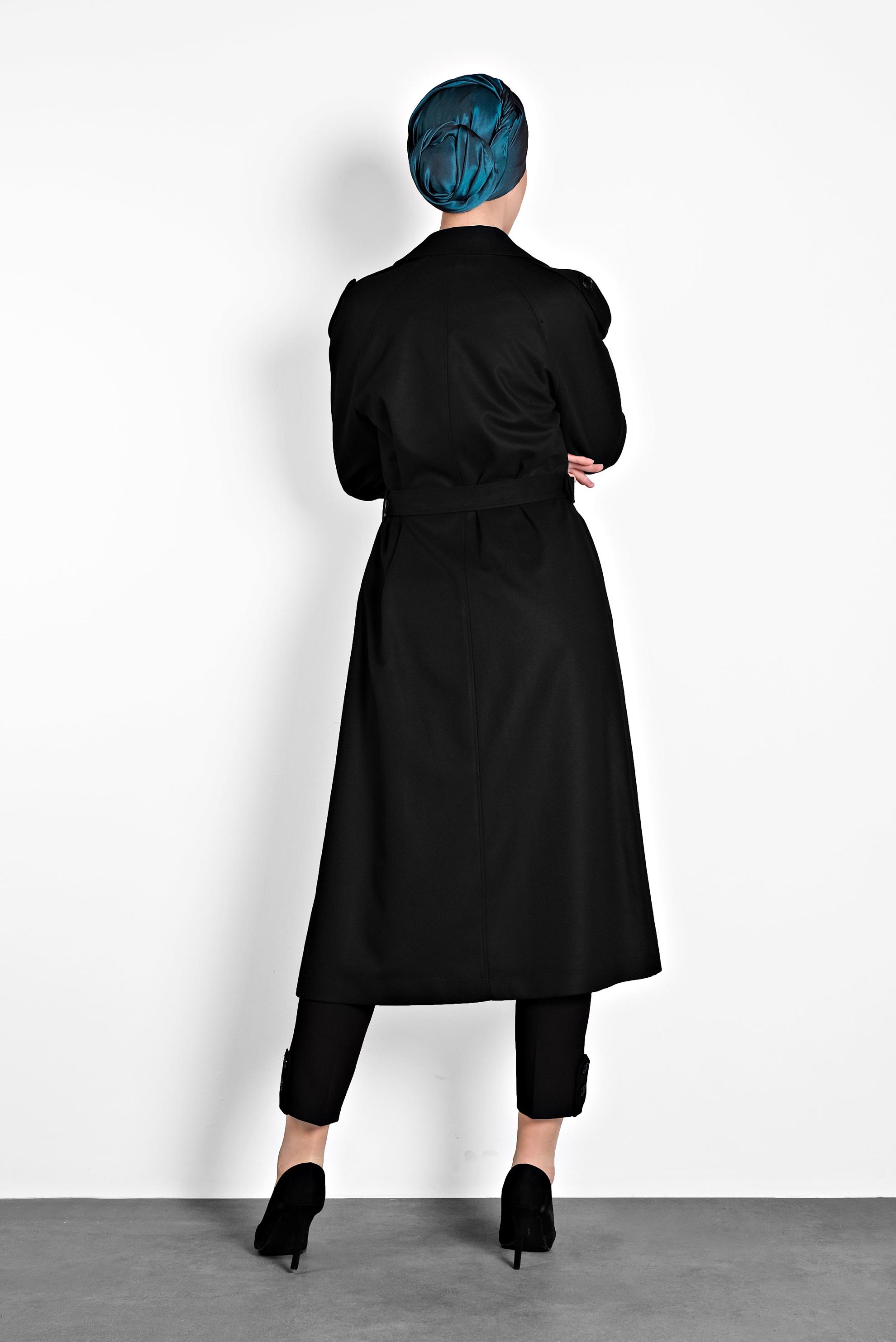 Tesettür giyim SİYAH KEMERLİ KRUVAZE KABAN 90044