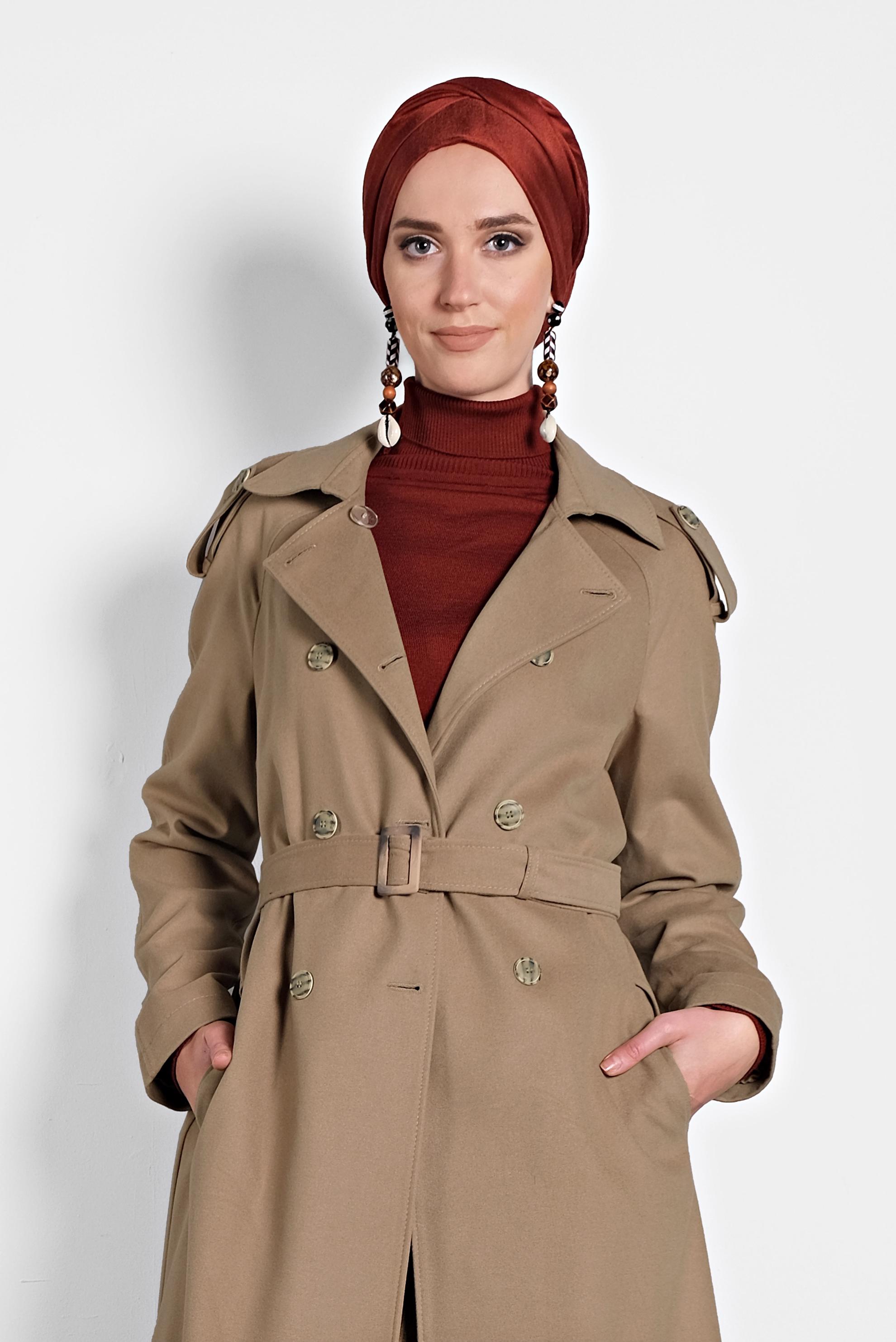 Tesettür giyim BEJ KEMERLİ KRUVAZE KABAN 90044