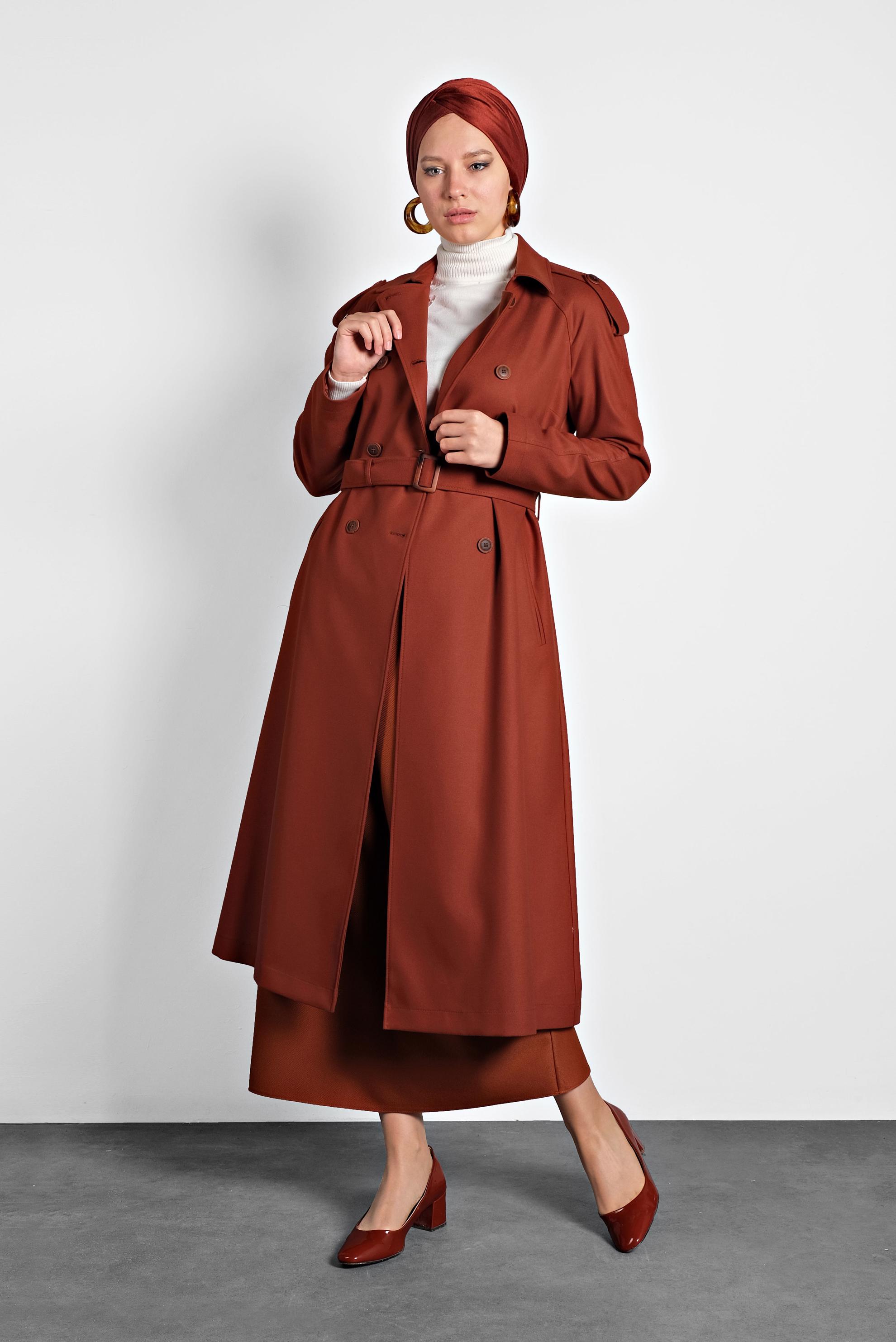 Tesettür giyim TURUNCU KEMERLİ KRUVAZE KABAN 90044