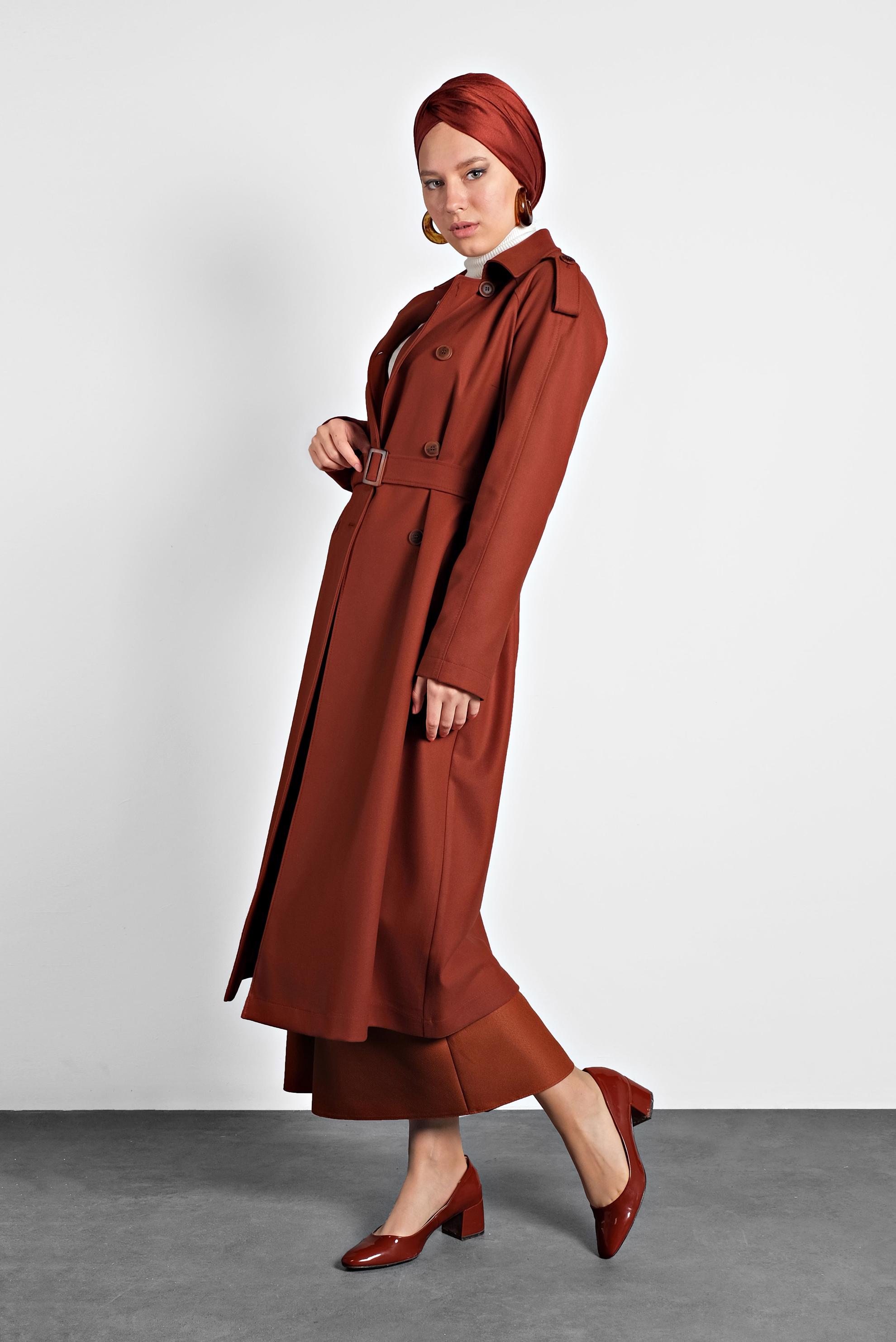 Tesettür giyim TURUNCU KEMERLİ KRUVAZE KABAN 90044