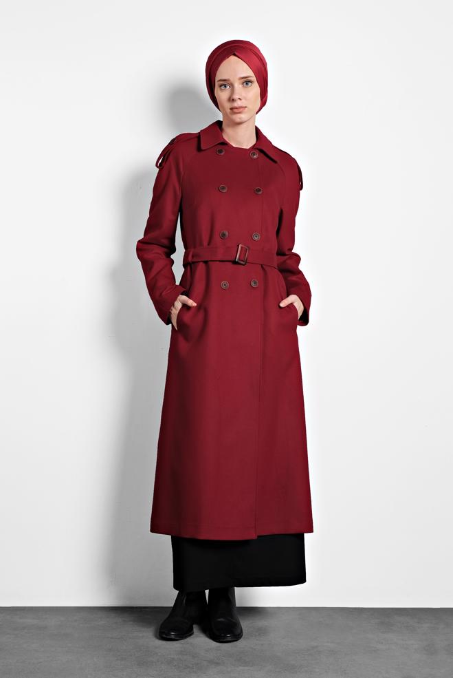 Tesettür giyim BORDO KEMERLİ KRUVAZE KABAN 90044 - ALVİNA