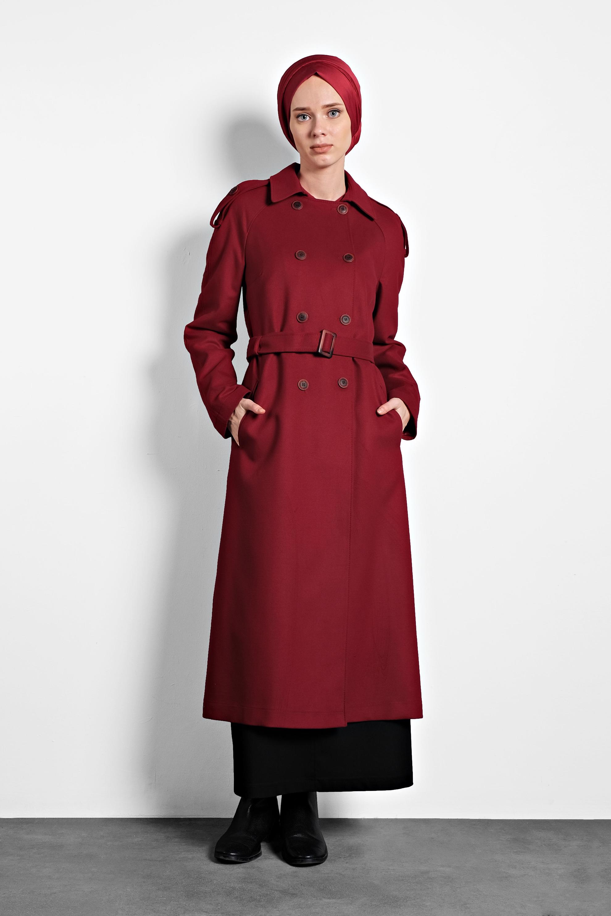 Tesettür giyim BORDO KEMERLİ KRUVAZE KABAN 90044