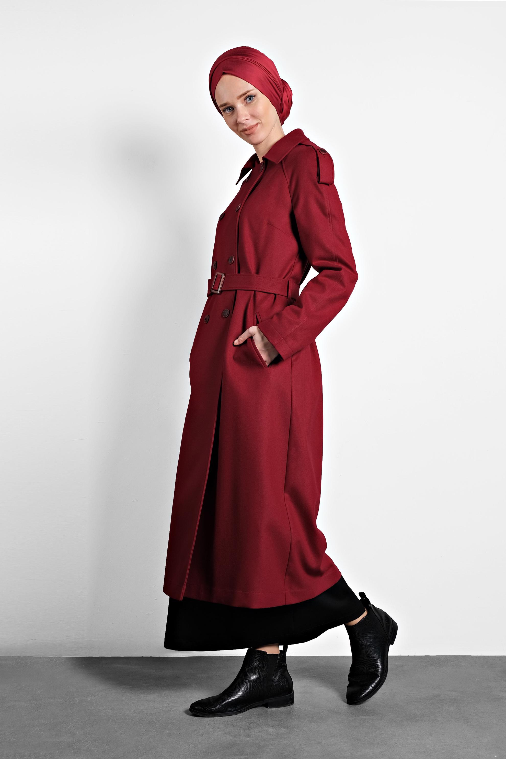 Tesettür giyim BORDO KEMERLİ KRUVAZE KABAN 90044