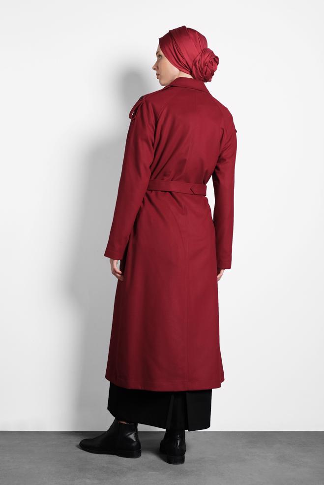Tesettür giyim BORDO KEMERLİ KRUVAZE KABAN 90044 - ALVİNA