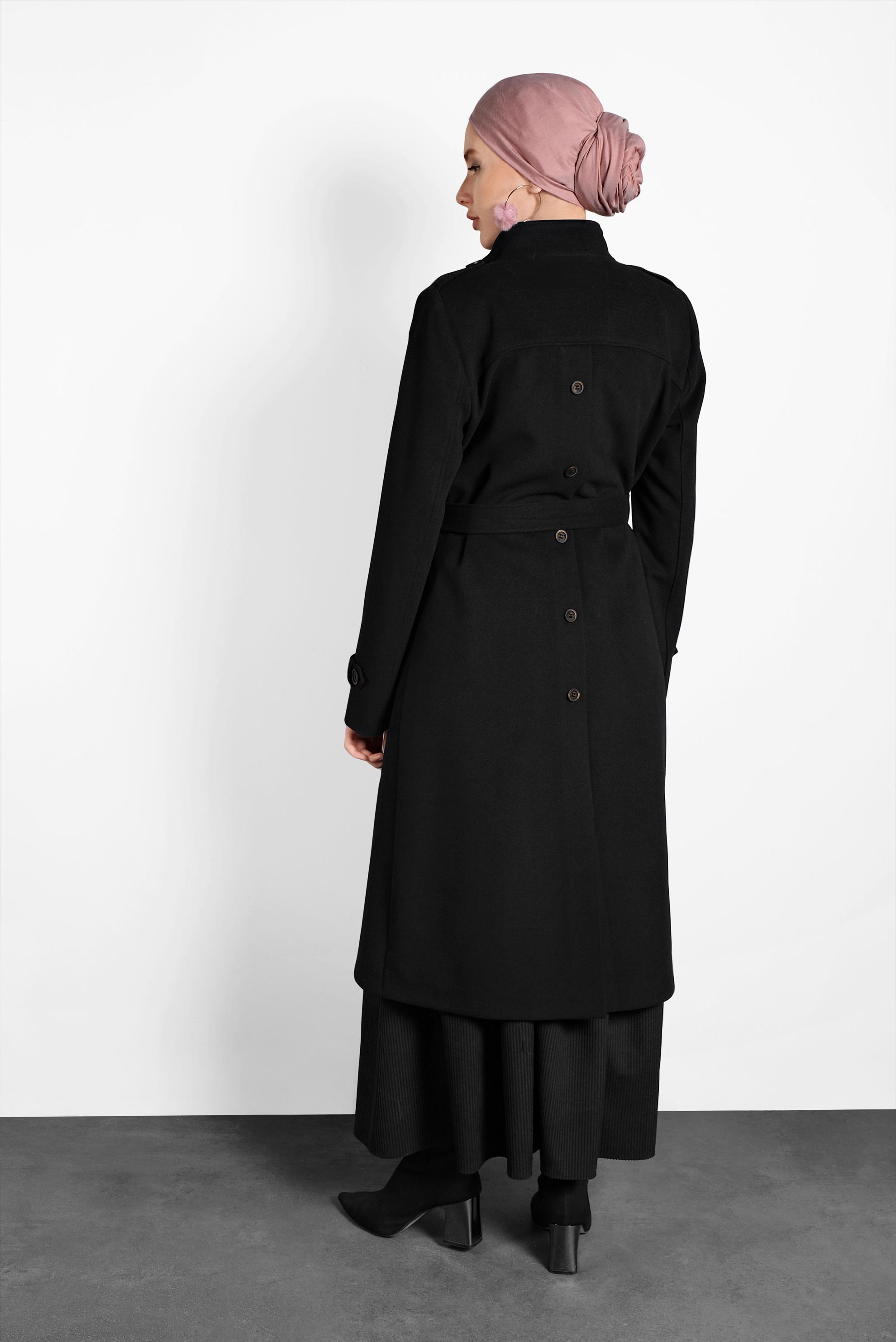 Tesettür giyim SİYAH KEMERLİ DÜĞMELİ KABAN 90045