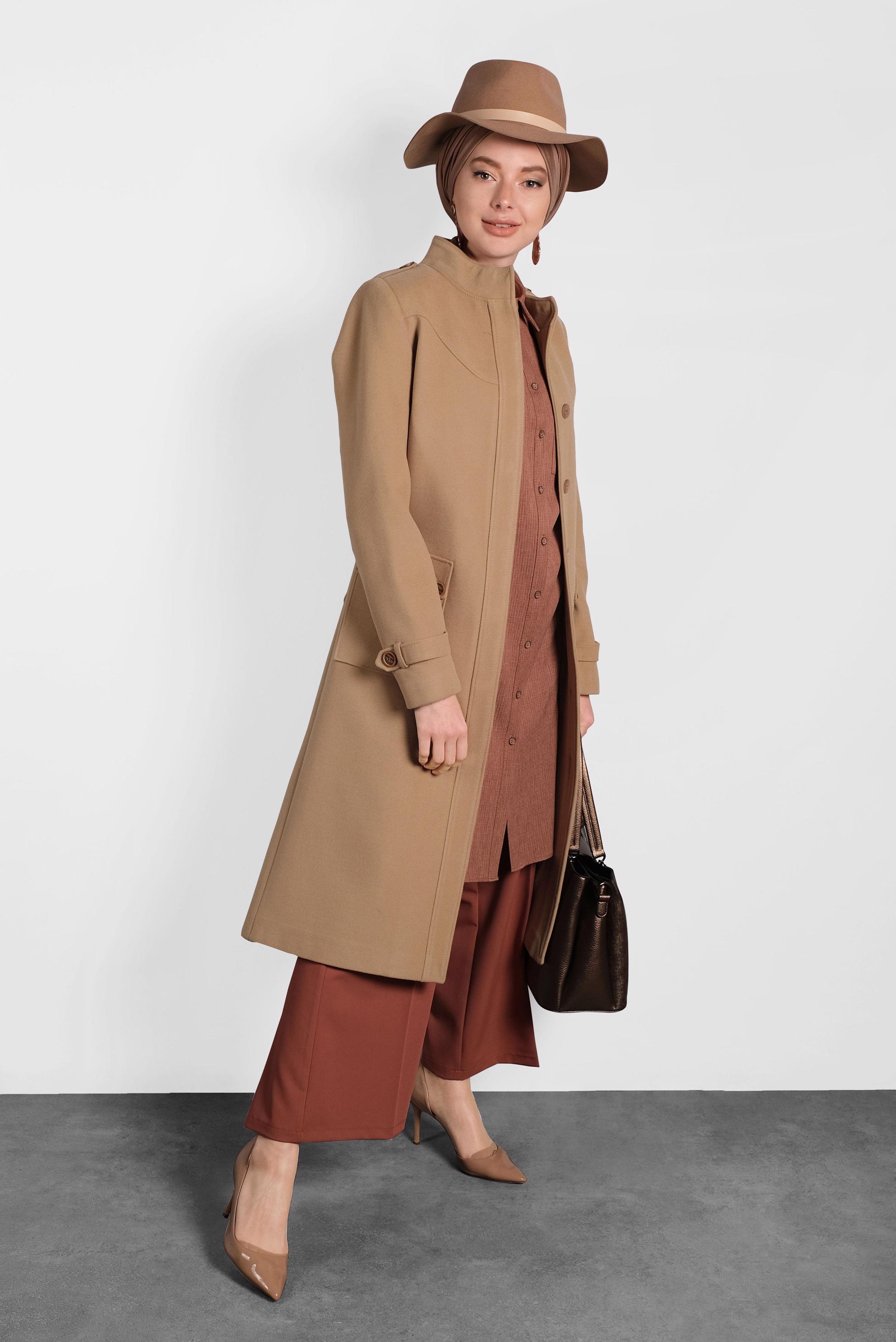 Tesettür giyim KAHVE KEMERLİ DÜĞMELİ KABAN 90045