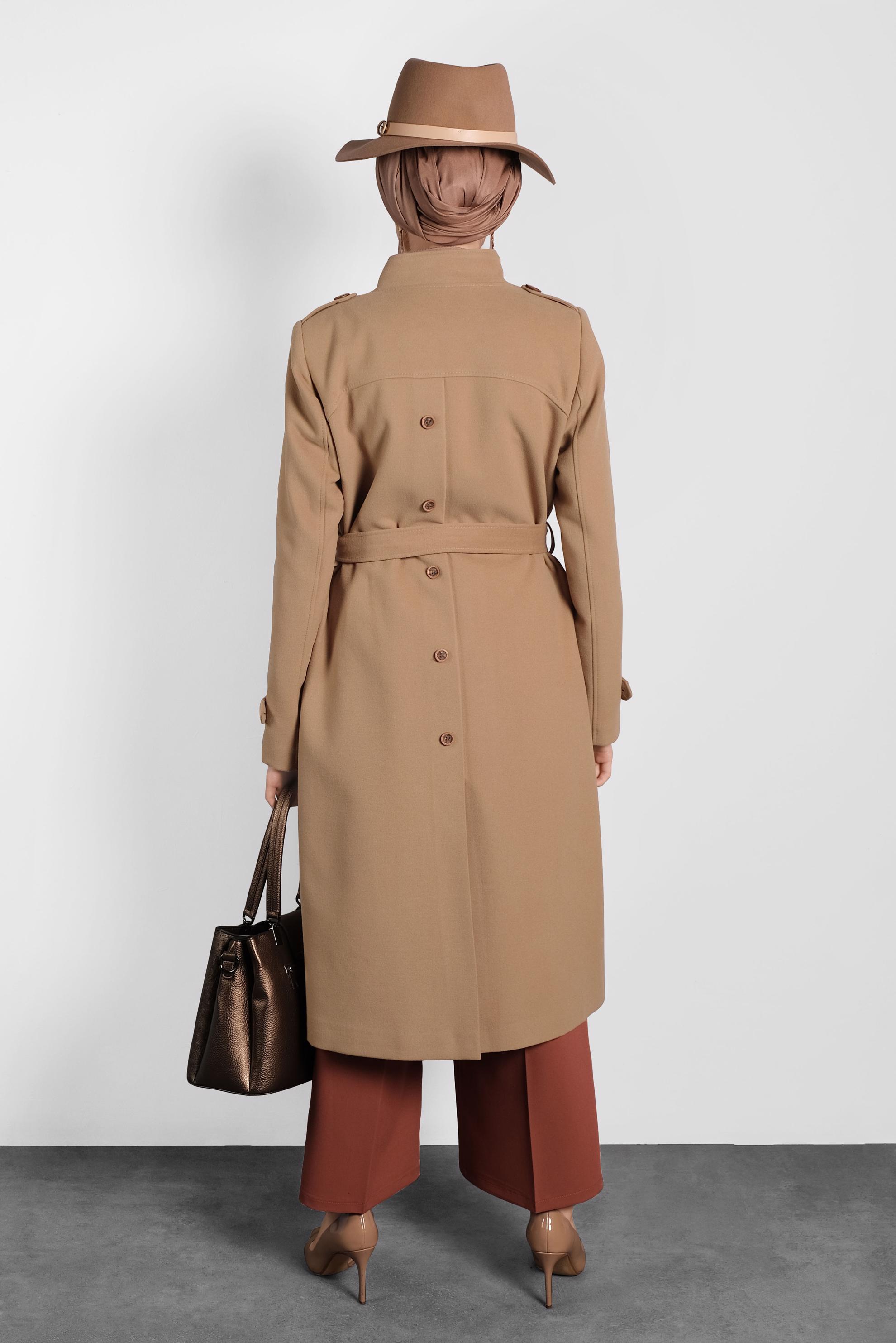 Tesettür giyim KAHVE KEMERLİ DÜĞMELİ KABAN 90045