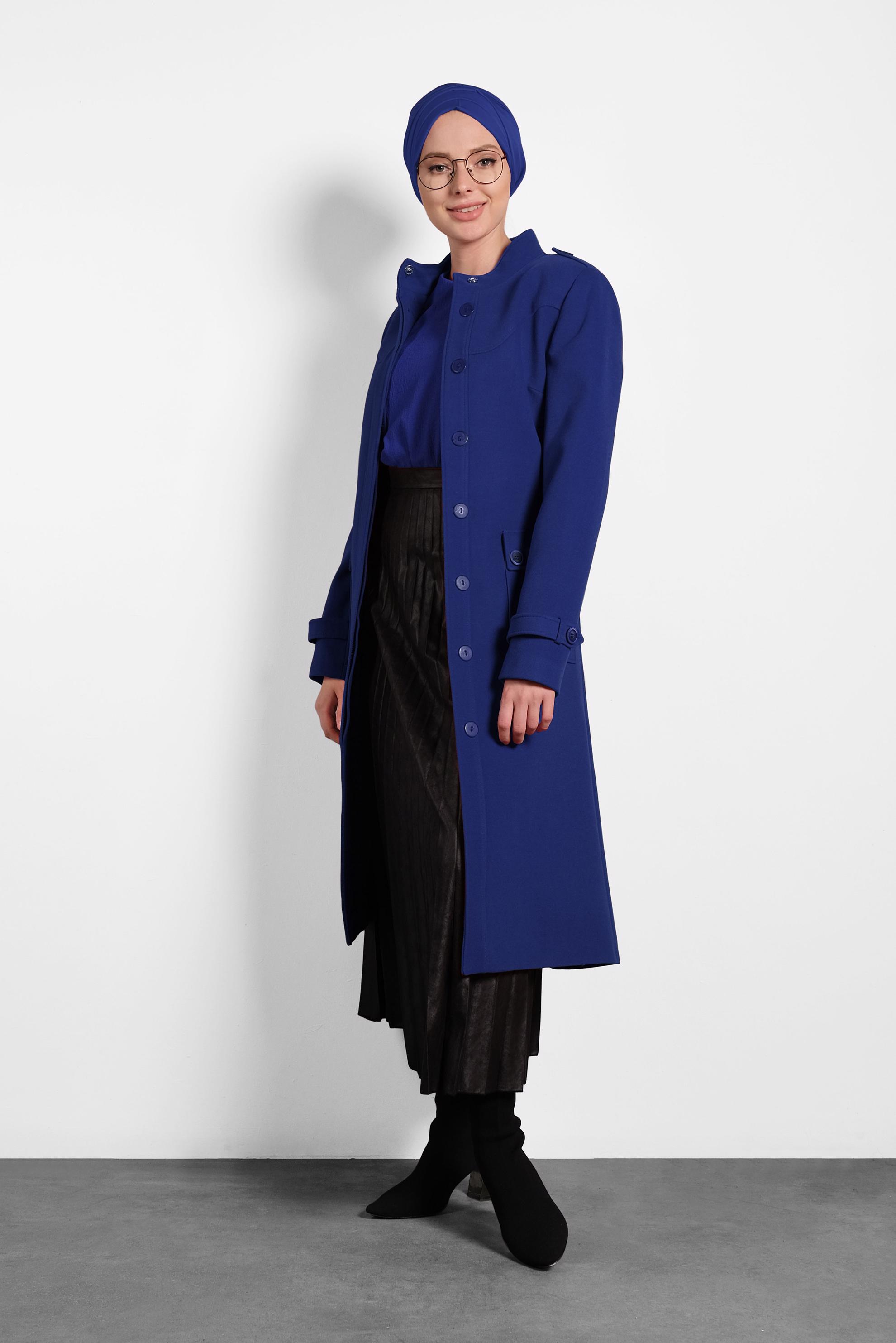 Tesettür giyim MAVİ KEMERLİ DÜĞMELİ KABAN 90045