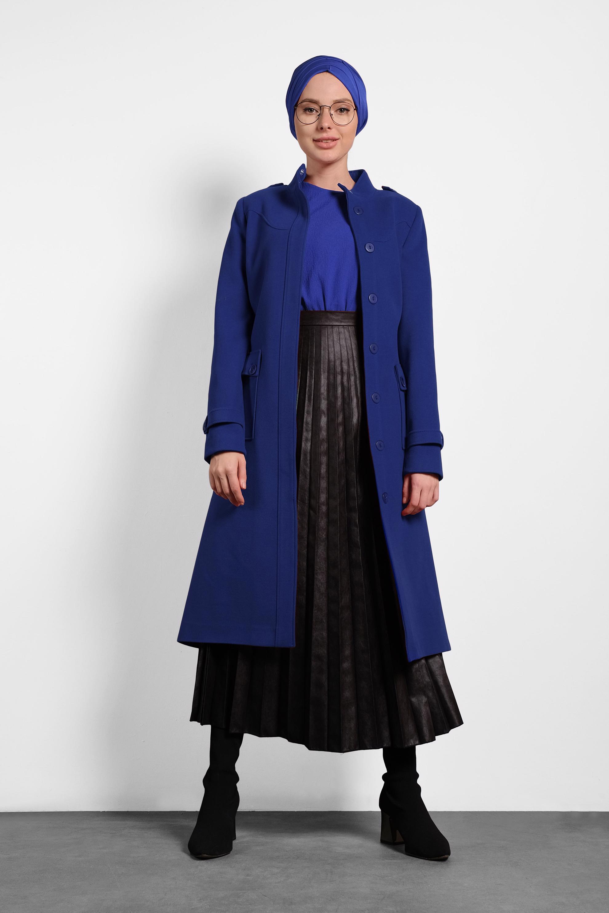 Tesettür giyim MAVİ KEMERLİ DÜĞMELİ KABAN 90045