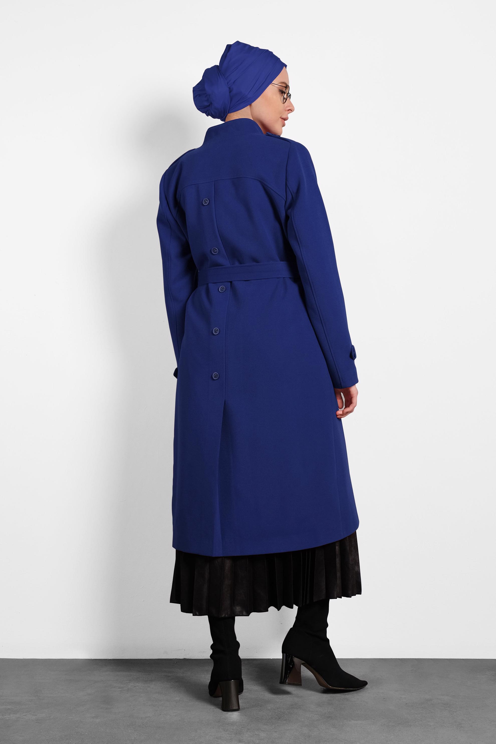 Tesettür giyim MAVİ KEMERLİ DÜĞMELİ KABAN 90045