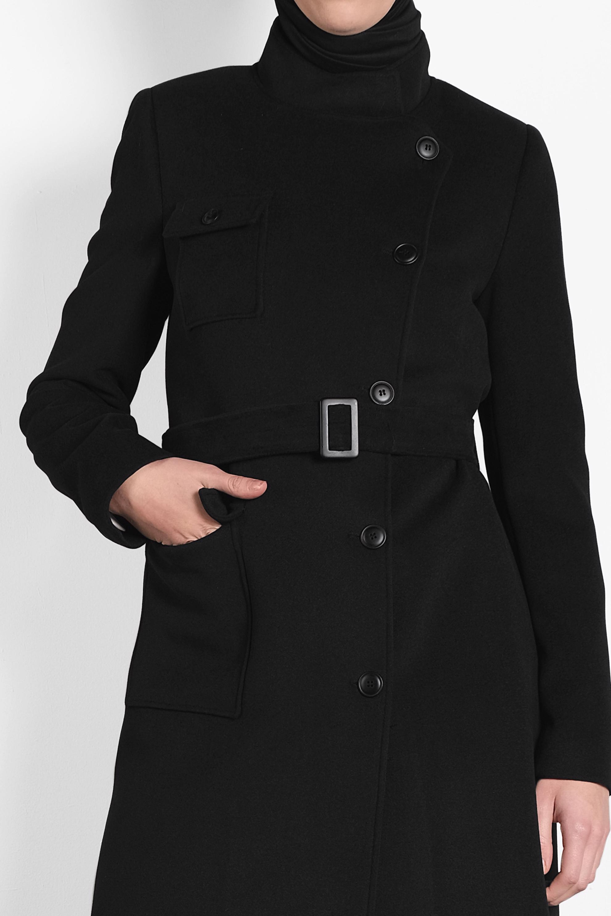 Tesettür giyim SİYAH DÜĞMELİ KEMERLİ KAŞE KABAN  90046 