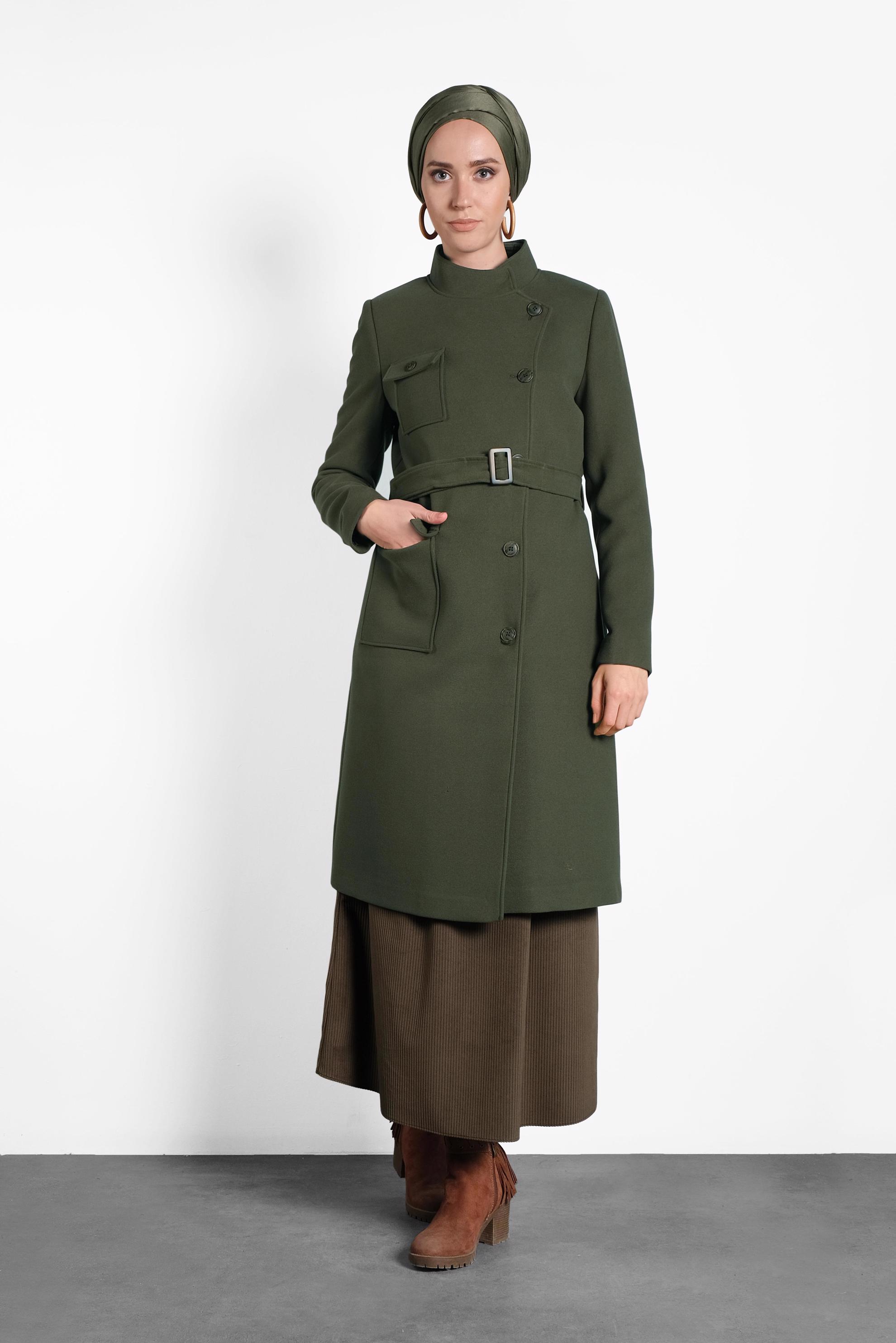 Tesettür giyim HAKİ DÜĞMELİ KEMERLİ KAŞE KABAN  90046 