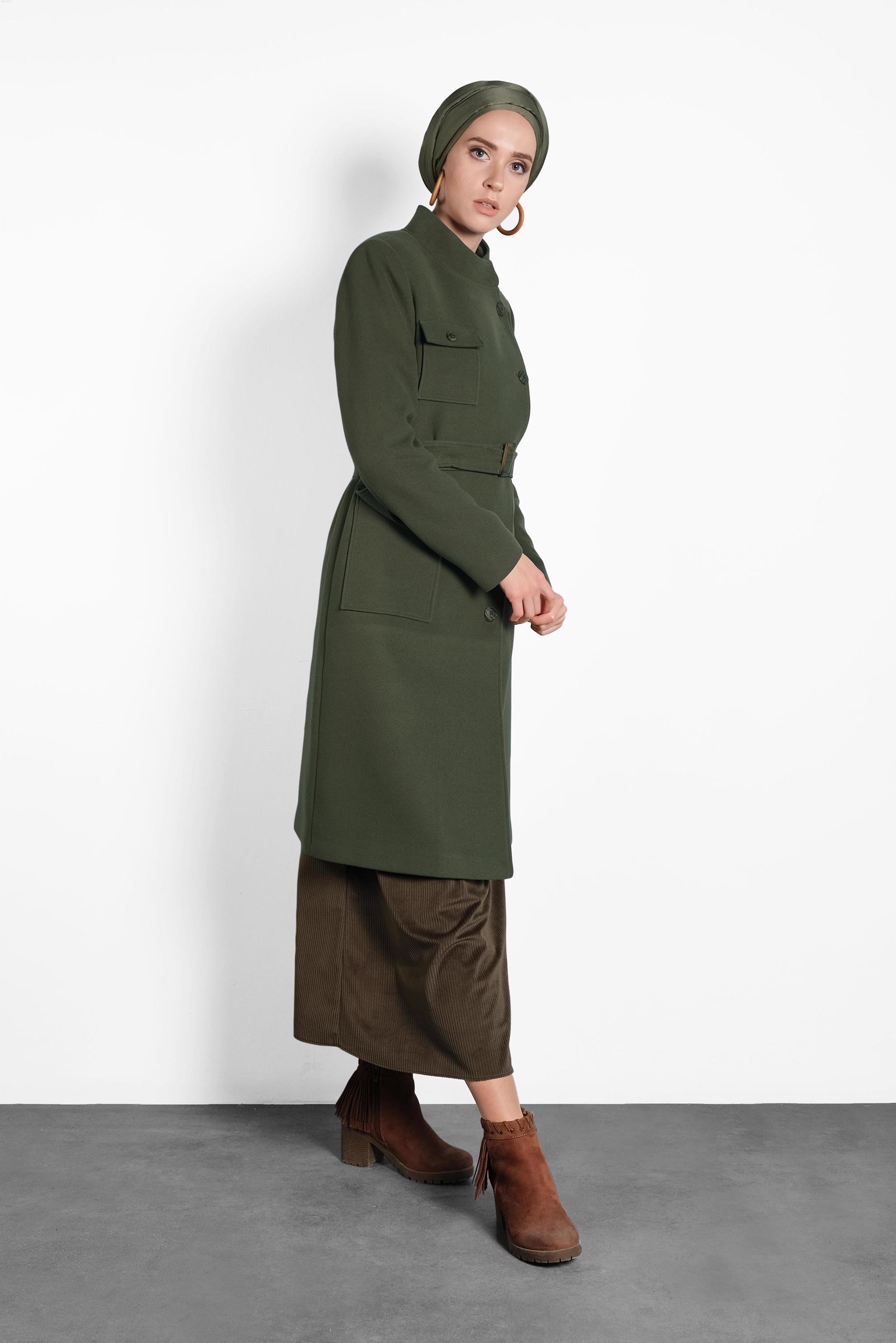 Tesettür giyim HAKİ DÜĞMELİ KEMERLİ KAŞE KABAN  90046 